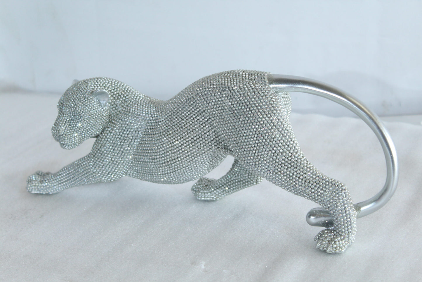Silver Stretching Panther Resin Statue with Beaded Texture 15" x 4" x 6"H