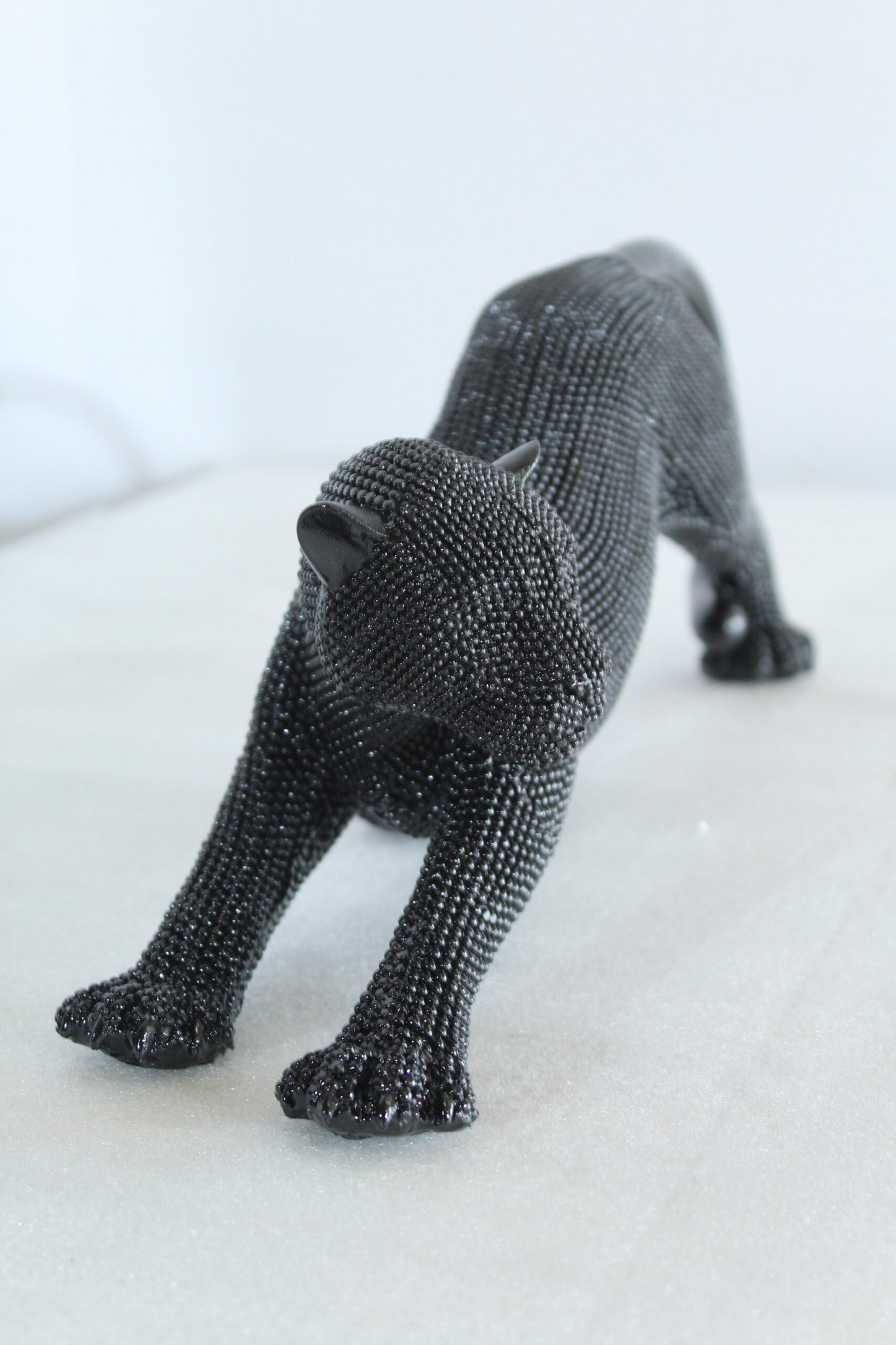 Nifao Stretching Panther Black Resin Sculpture with Beaded Texture - Luxury Designer Animal Décor - 15" x 4" x 6"H