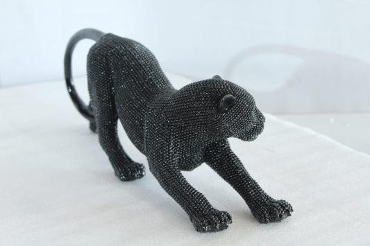 Nifao Stretching Panther Black Resin Sculpture with Beaded Texture - Luxury Designer Animal Décor - 15" x 4" x 6"H