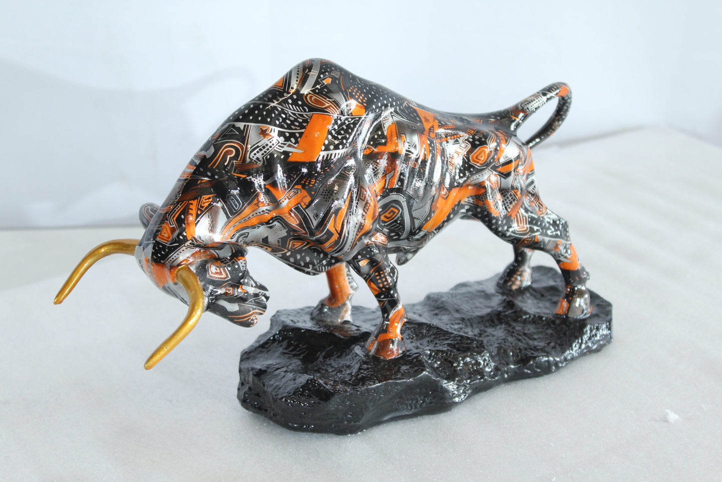 Nifao Modern Abstract Resin Bull Statue in Vivid Orange and Black - Luxury Urban Art Sculpture -14" x 4" x 9"H