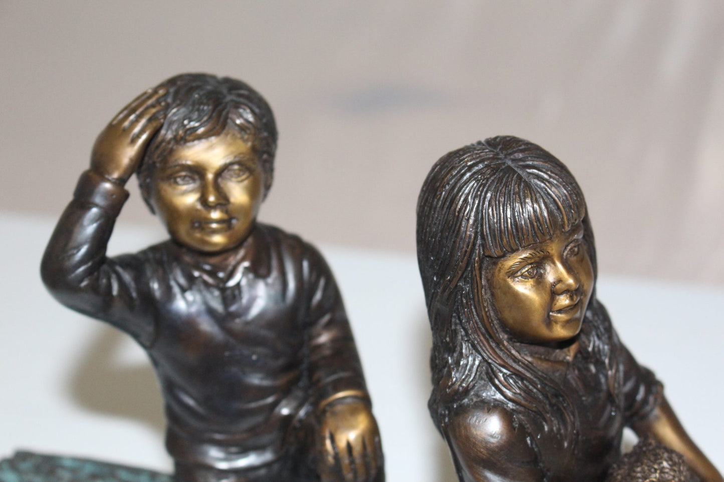 Two kids with dog on log Bronze Statue - Size: 12"L x 5"W x 8.5"H.
