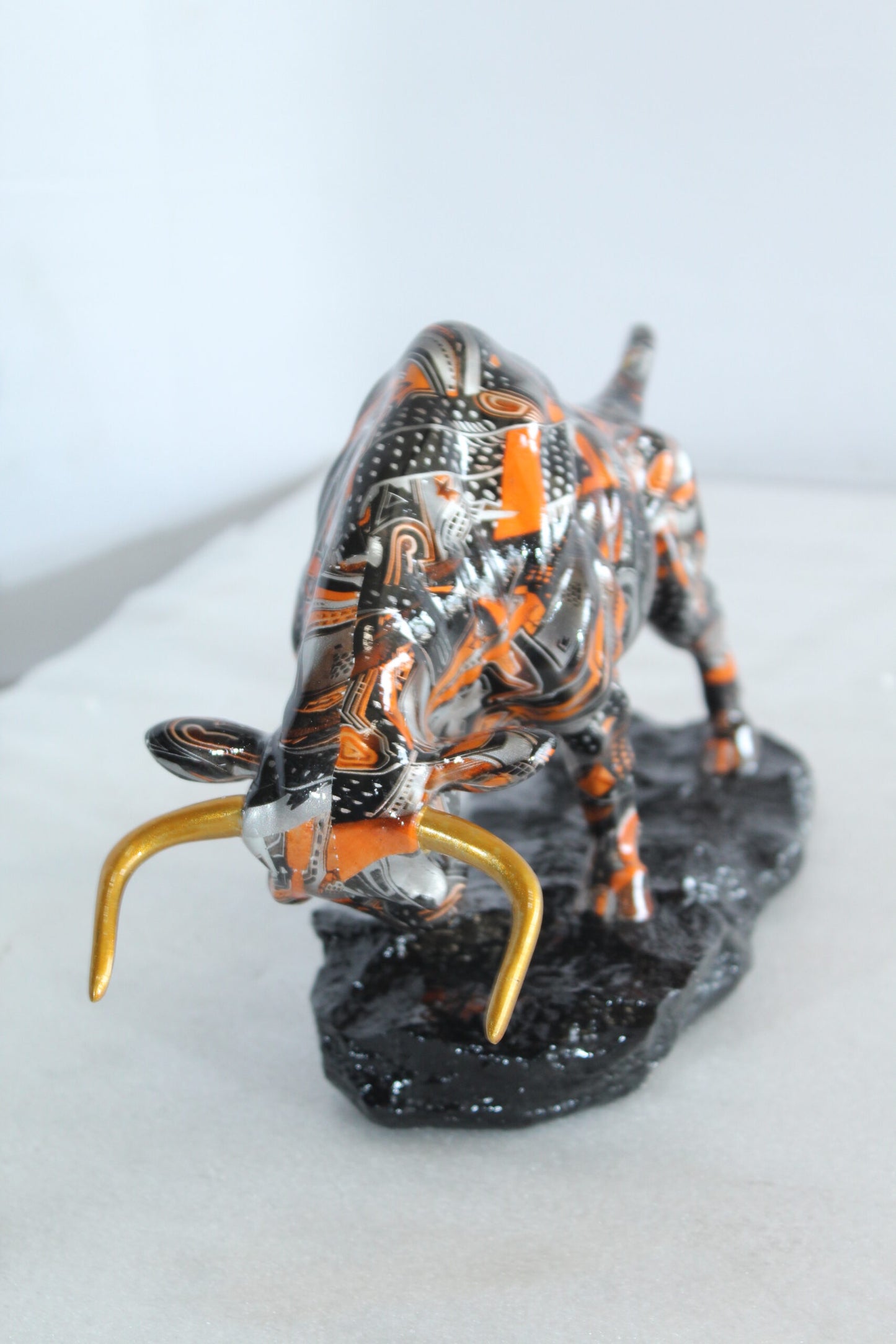 Nifao Modern Abstract Resin Bull Statue in Vivid Orange and Black - Luxury Urban Art Sculpture -14" x 4" x 9"H