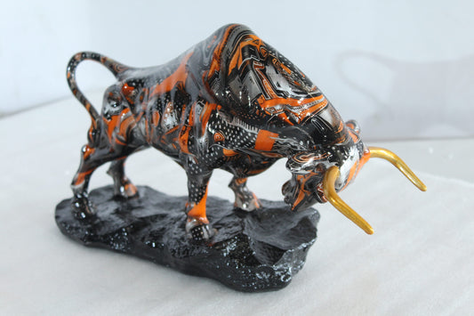 Nifao Modern Abstract Resin Bull Statue in Vivid Orange and Black - Luxury Urban Art Sculpture -14" x 4" x 9"H