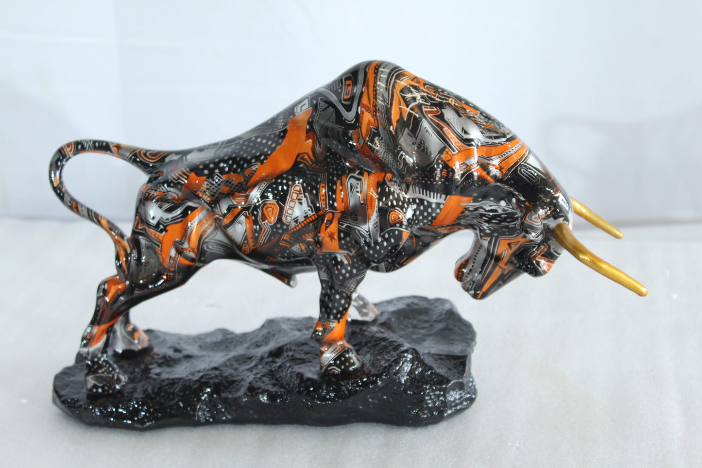 Nifao Modern Abstract Resin Bull Statue in Vivid Orange and Black - Luxury Urban Art Sculpture -14" x 4" x 9"H