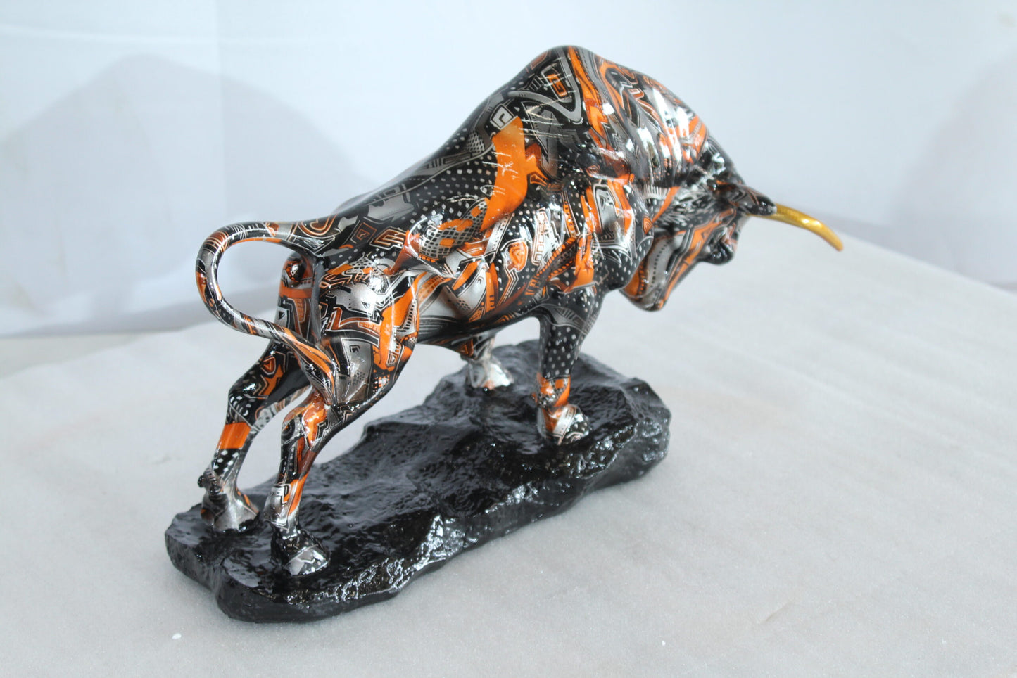 Nifao Modern Abstract Resin Bull Statue in Vivid Orange and Black - Luxury Urban Art Sculpture -14" x 4" x 9"H