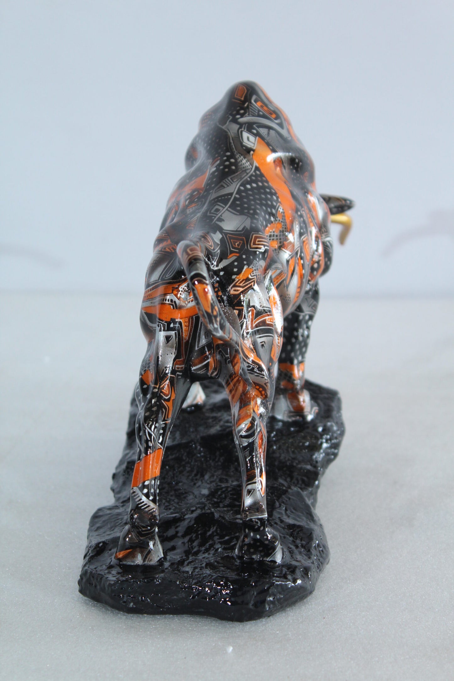 Nifao Modern Abstract Resin Bull Statue in Vivid Orange and Black - Luxury Urban Art Sculpture -14" x 4" x 9"H