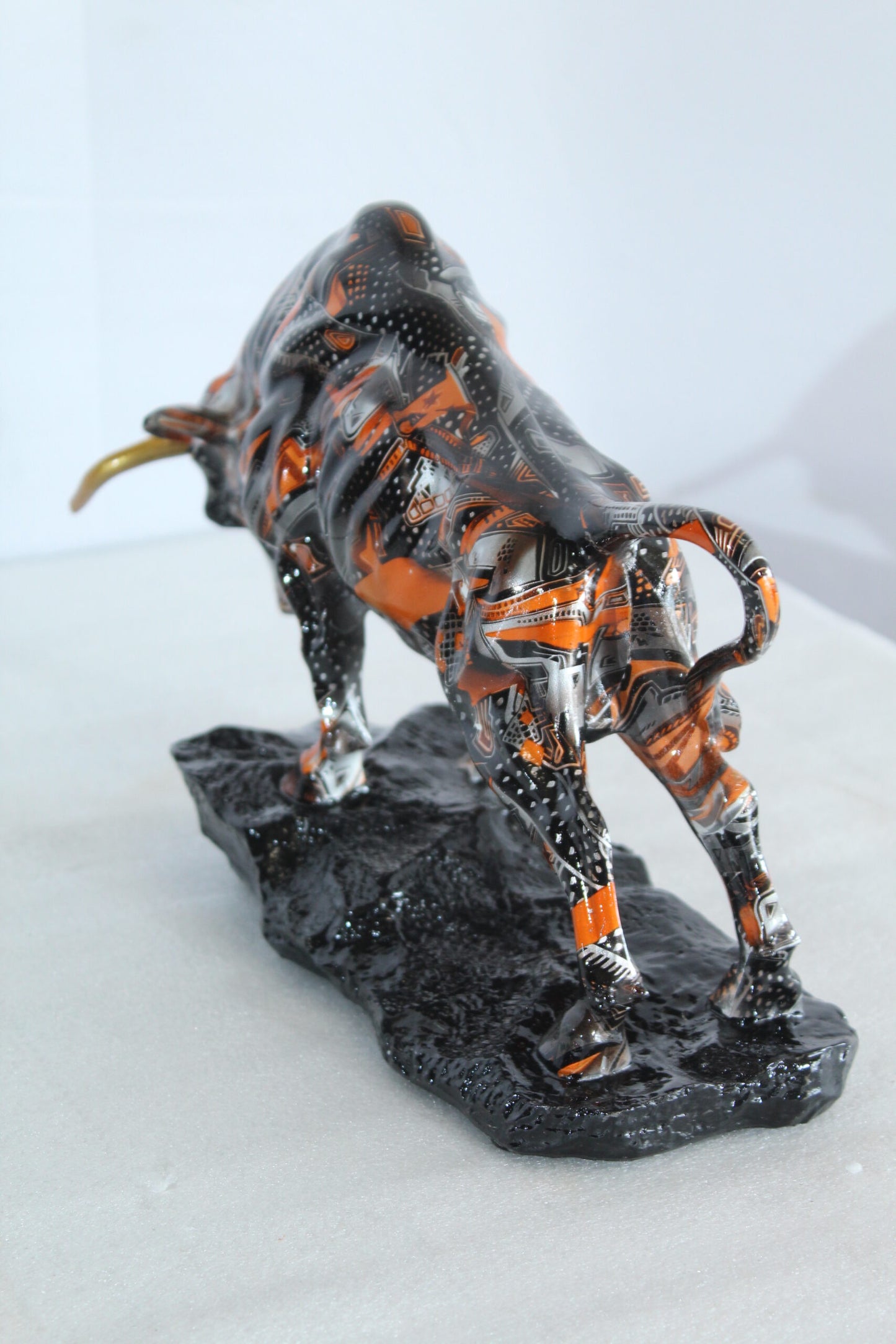 Nifao Modern Abstract Resin Bull Statue in Vivid Orange and Black - Luxury Urban Art Sculpture -14" x 4" x 9"H