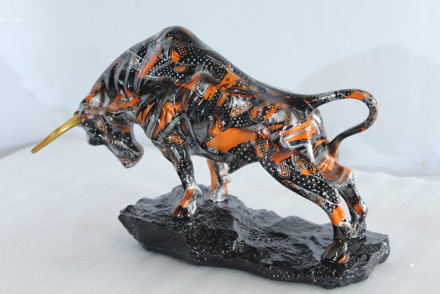 Nifao Modern Abstract Resin Bull Statue in Vivid Orange and Black - Luxury Urban Art Sculpture -14" x 4" x 9"H