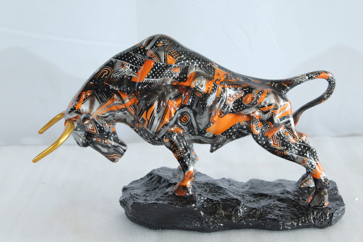 Nifao Modern Abstract Resin Bull Statue in Vivid Orange and Black - Luxury Urban Art Sculpture -14" x 4" x 9"H