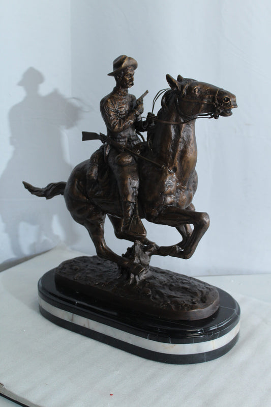 Nifao Remington Replica Trooper of The Plains Bronze Statue on Triple Marble Base - Western Cowboy Sculpture 21" x 8" x 22"H