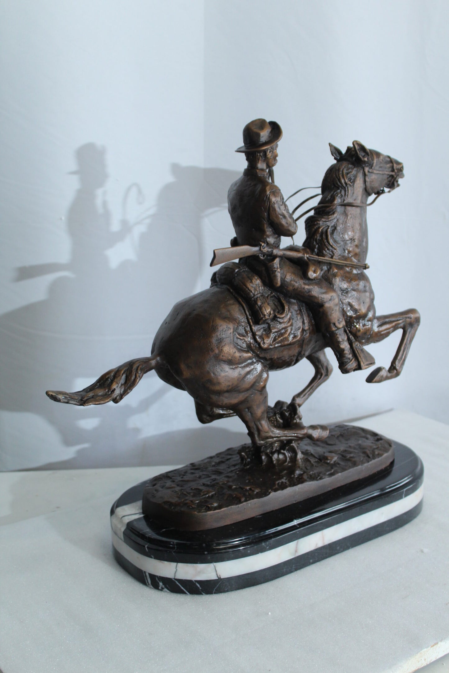 Nifao Remington Replica Trooper of The Plains Bronze Statue on Triple Marble Base - Western Cowboy Sculpture 21" x 8" x 22"H