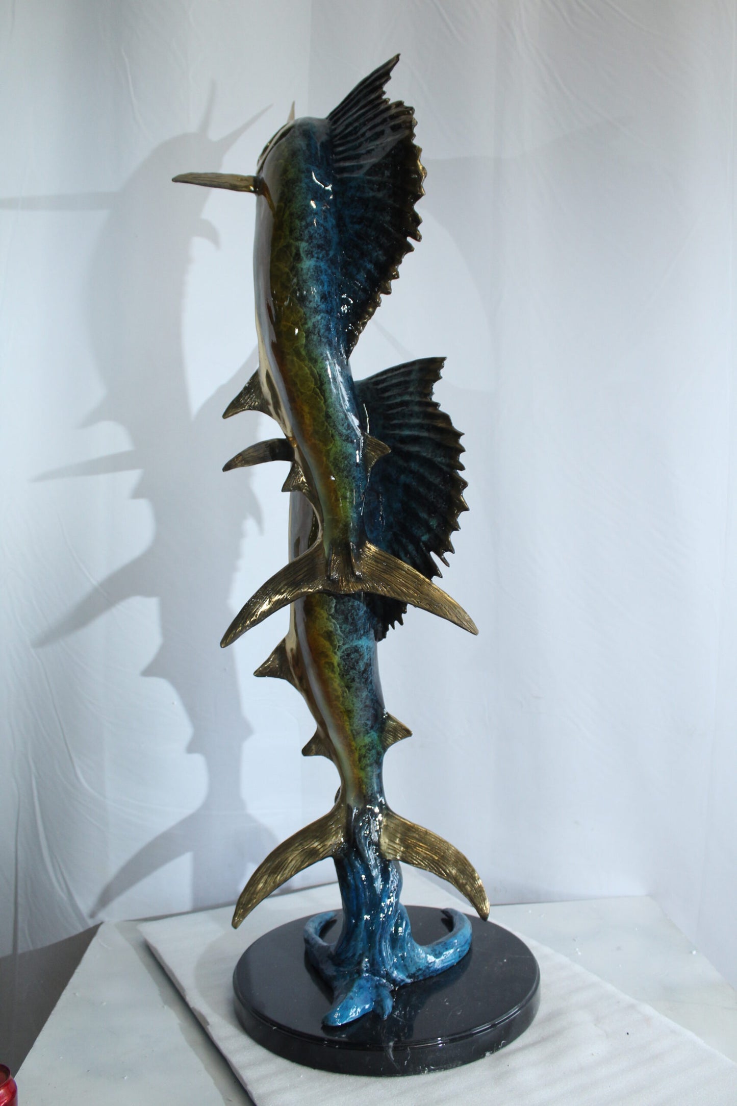 Nifao Twin Sailfish Bronze Statue with Vivid Enamel Finish – Handcrafted Ocean Life Sculpture - 17" x 17" x 56"H