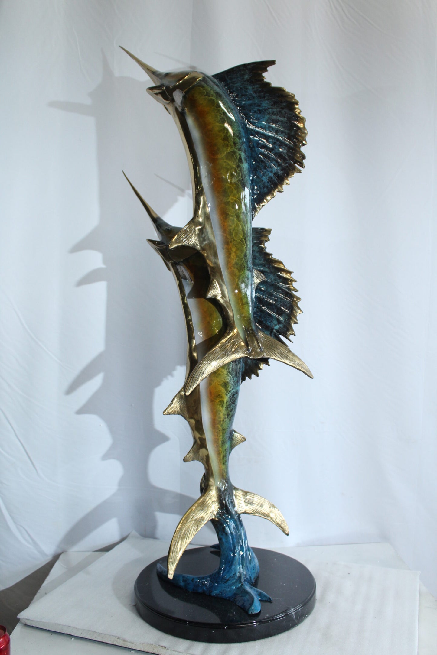 Twin Sailfish Bronze Statue with Colorful Enamel Finish 17" x 17" x 56"H
