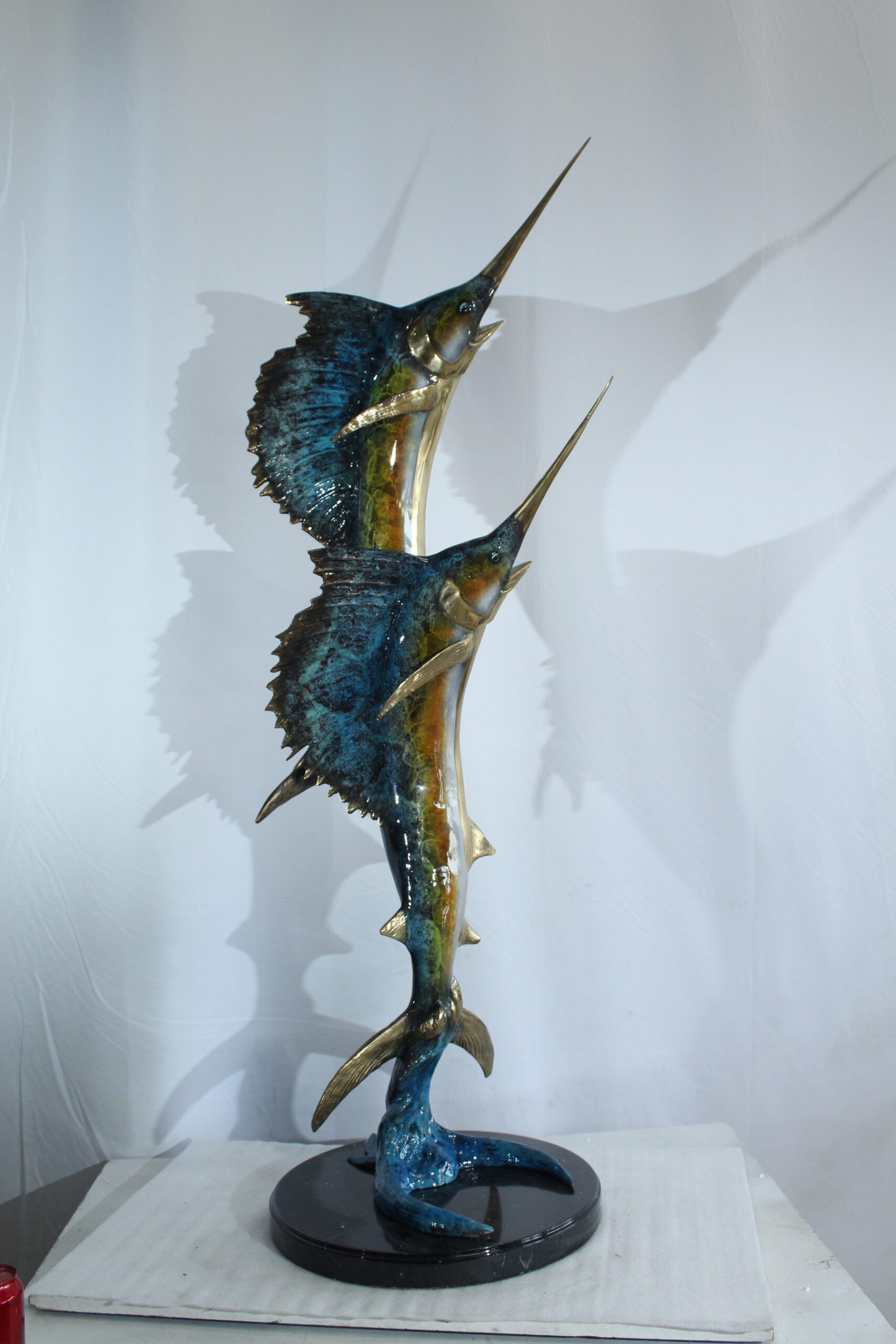 Nifao Twin Sailfish Bronze Statue with Vivid Enamel Finish – Handcrafted Ocean Life Sculpture - 17" x 17" x 56"H