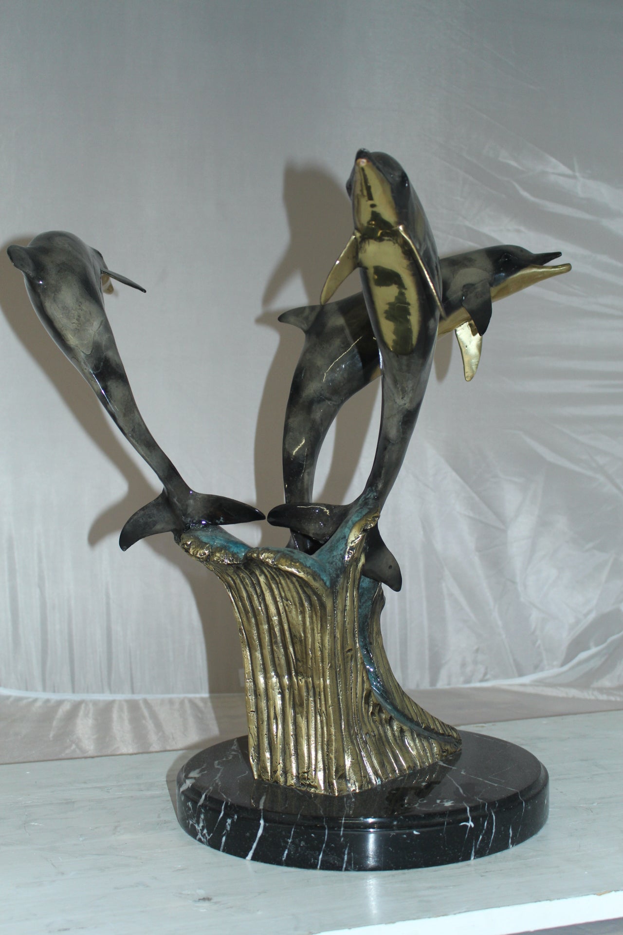 Three Dolphins Table Base Bronze Statue - Size: 20"L x 20"W x 21"H.