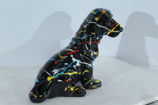 Nifao Resin Basset Hound Statue –Colorful Indoor/Outdoor Dog Sculpture with Abstract Pain Design on Glossy Black Finish,Modern Decorative Figurine for Dog Lovers,Art Collections16 x 8" x 13"H