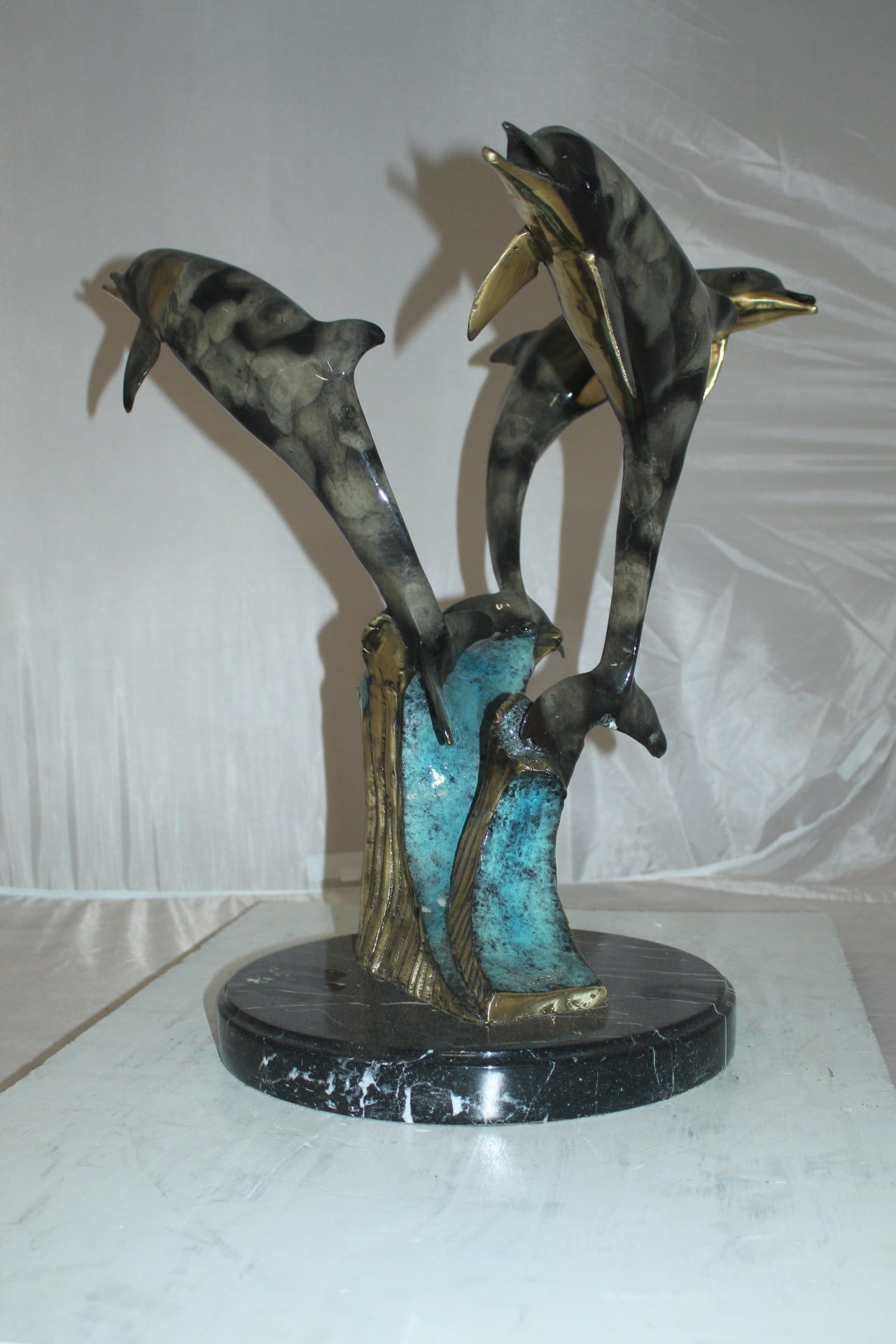 Three Dolphins Table Base Bronze Statue - Size: 20"L x 20"W x 21"H.