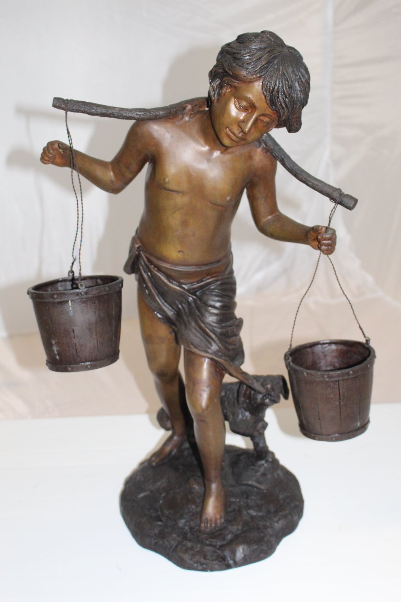 Boy with two buckets Bronze Statue - Size: 14.5"L x 10"W x 23"H.