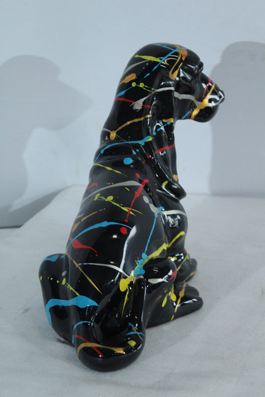 Nifao Resin Basset Hound Statue –Colorful Indoor/Outdoor Dog Sculpture with Abstract Pain Design on Glossy Black Finish,Modern Decorative Figurine for Dog Lovers,Art Collections16 x 8" x 13"H