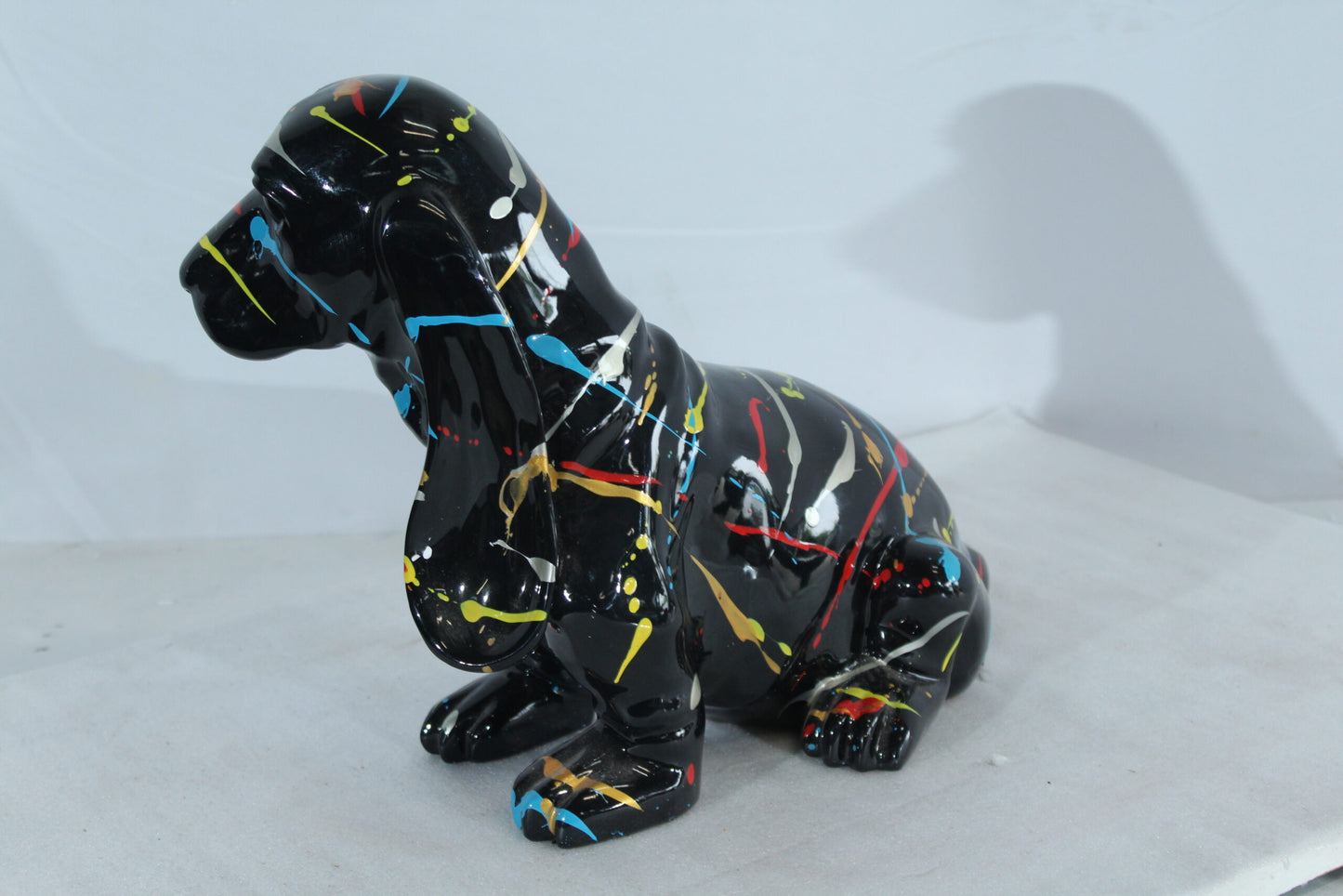 Nifao Resin Basset Hound Statue –Colorful Indoor/Outdoor Dog Sculpture with Abstract Pain Design on Glossy Black Finish,Modern Decorative Figurine for Dog Lovers,Art Collections16 x 8" x 13"H