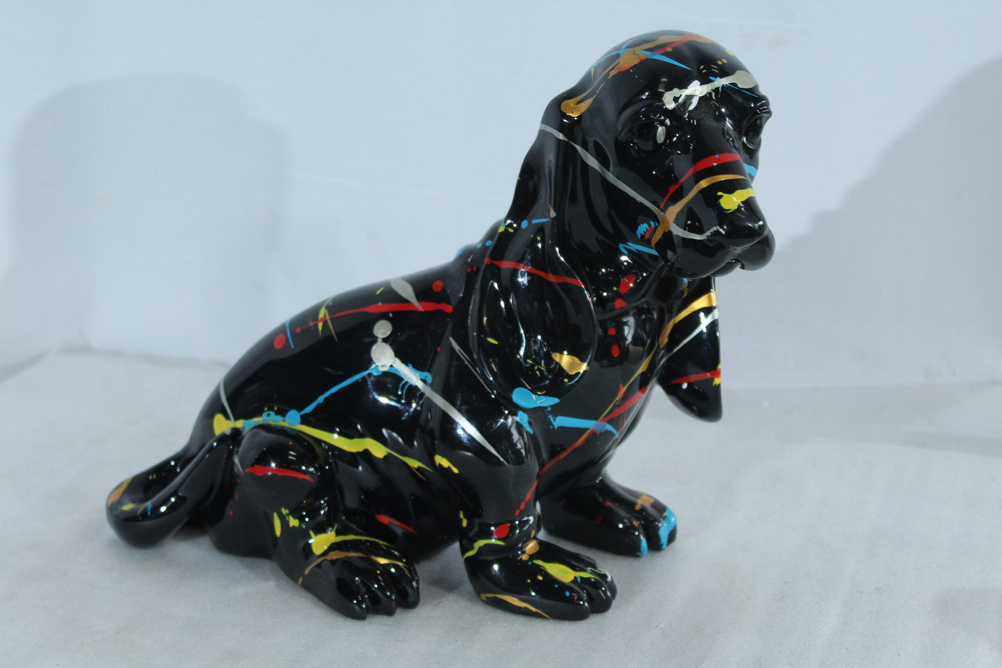 Nifao Resin Basset Hound Statue –Colorful Indoor/Outdoor Dog Sculpture with Abstract Pain Design on Glossy Black Finish,Modern Decorative Figurine for Dog Lovers,Art Collections16 x 8" x 13"H