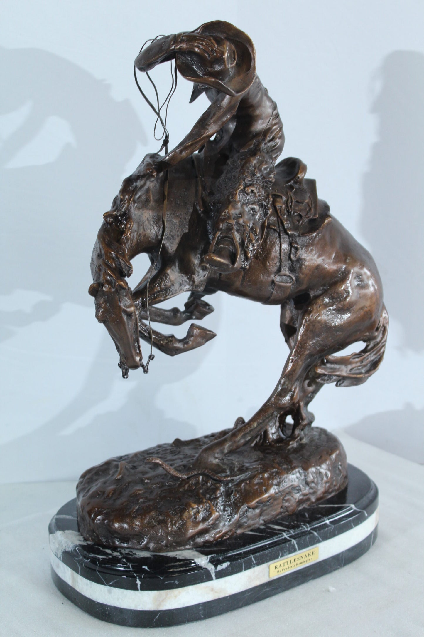 Nifao Bronze Rattlesnake Statue - Frederic Remington Replica Cowboy & Horse Sculpture, Lost Wax Casting on Marble Base,Large Indoor/Outdoor Art for Collectors & Rustic Decor15 x 9" x 25"H
