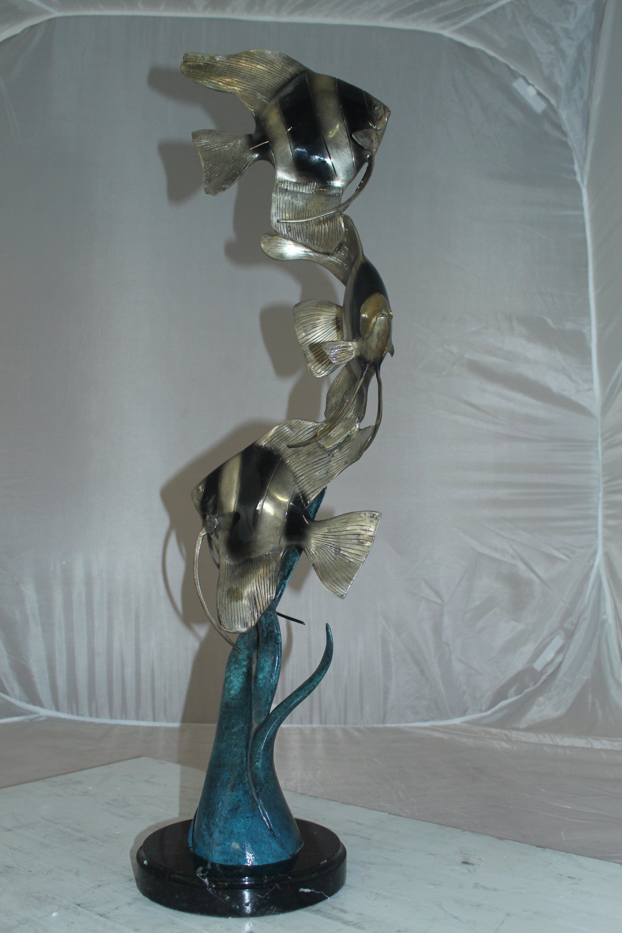 Three Zebra Angelfish Bronze Statue - Size: 10"L x 10"W x 33"H.