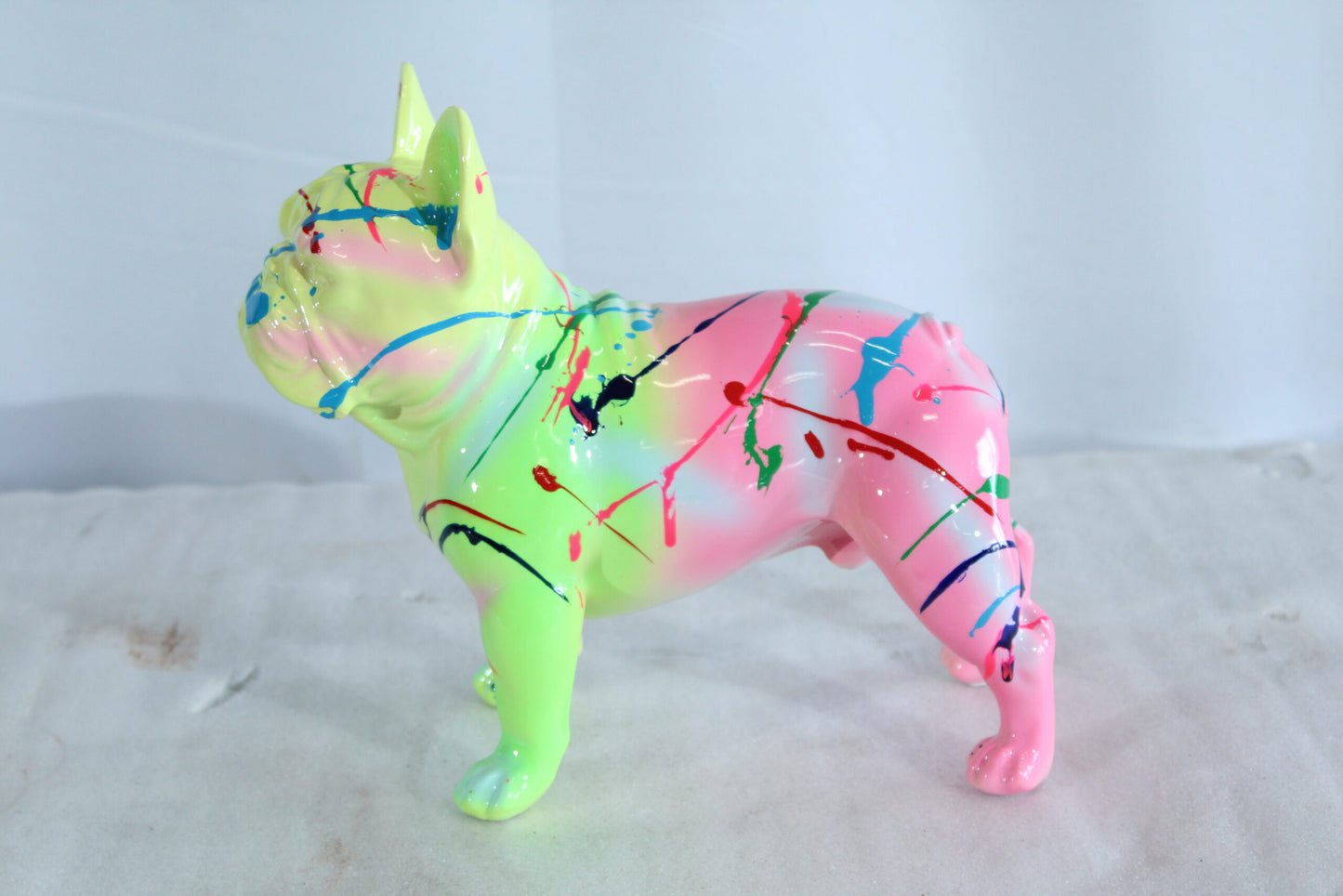Nifao Resin Bulldog Statue –Colorful Indoor/Outdoor Dog Sculpture with Abstract Neon Paint Splatter Design, Glossy Hand-Finished Modern Figurine for Homes, Offices, Art Displays 15" x 7" x 14"H