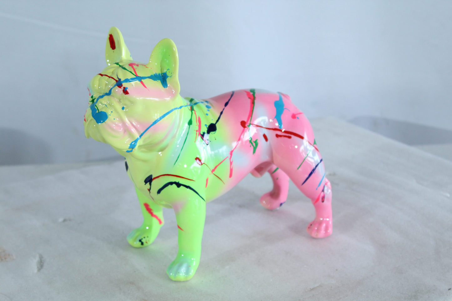 Nifao Resin Bulldog Statue –Colorful Indoor/Outdoor Dog Sculpture with Abstract Neon Paint Splatter Design, Glossy Hand-Finished Modern Figurine for Homes, Offices, Art Displays 15" x 7" x 14"H