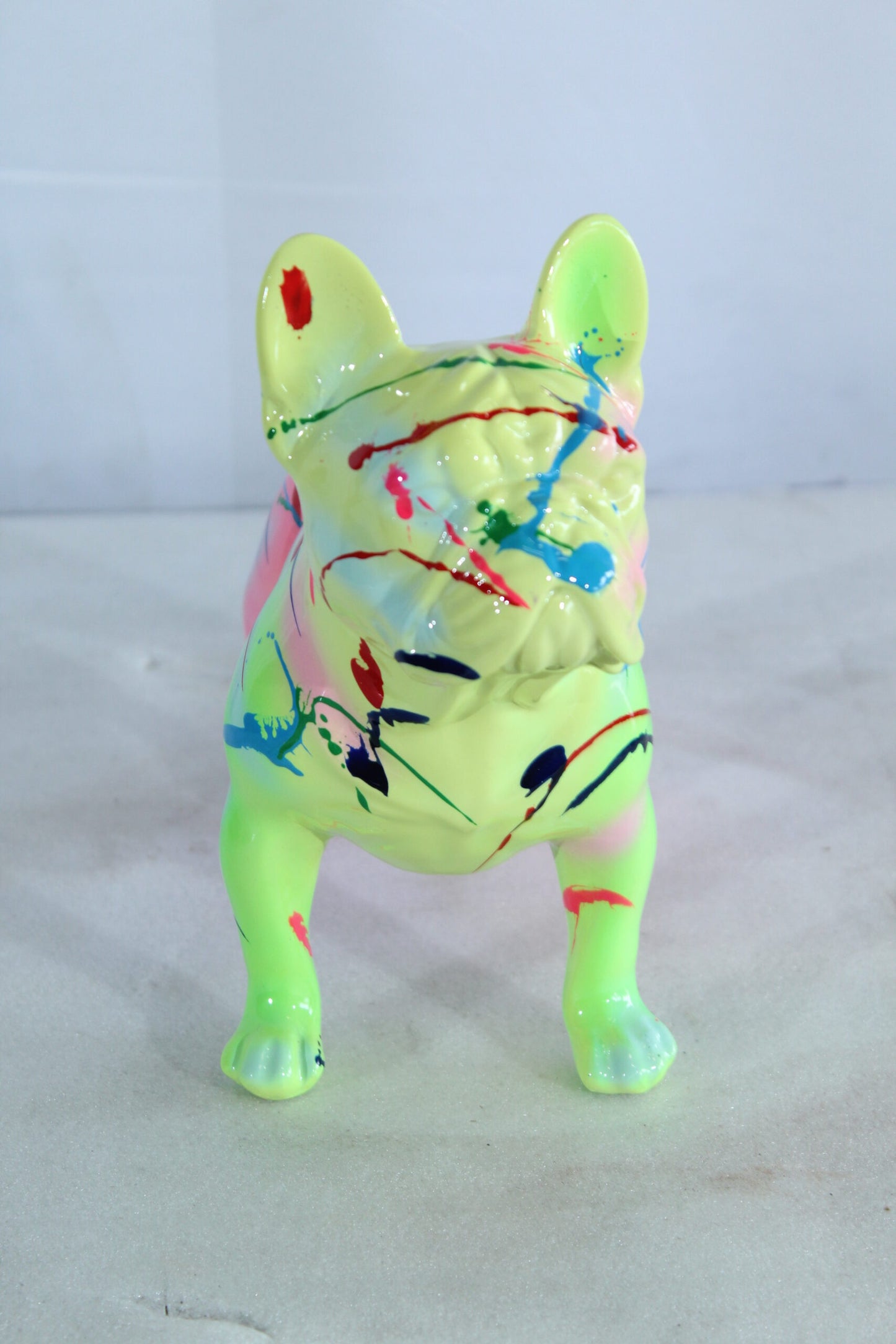Nifao Resin Bulldog Statue –Colorful Indoor/Outdoor Dog Sculpture with Abstract Neon Paint Splatter Design, Glossy Hand-Finished Modern Figurine for Homes, Offices, Art Displays 15" x 7" x 14"H