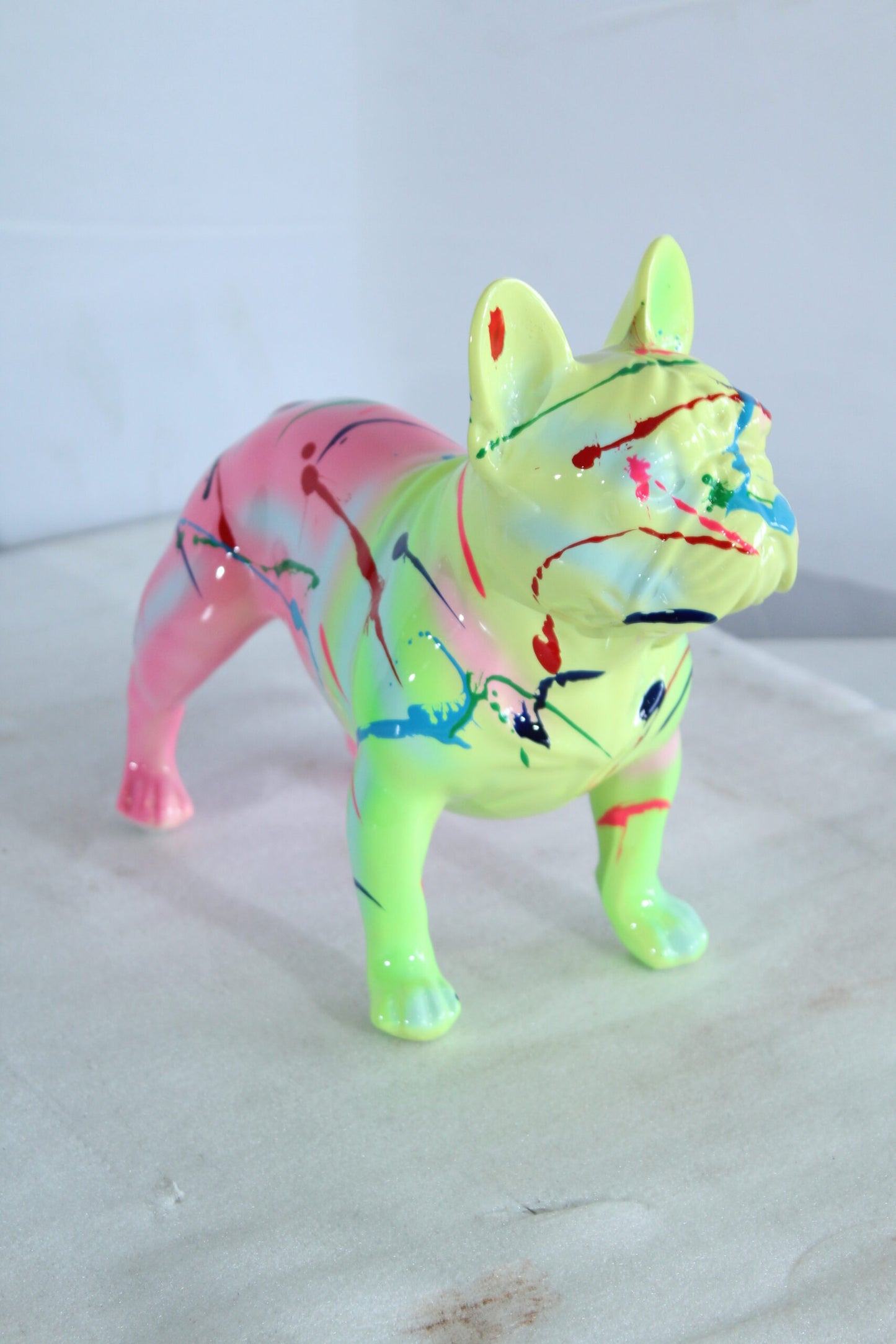 Nifao Resin Bulldog Statue –Colorful Indoor/Outdoor Dog Sculpture with Abstract Neon Paint Splatter Design, Glossy Hand-Finished Modern Figurine for Homes, Offices, Art Displays 15" x 7" x 14"H