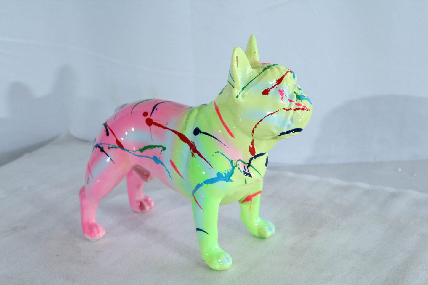 Nifao Resin Bulldog Statue –Colorful Indoor/Outdoor Dog Sculpture with Abstract Neon Paint Splatter Design, Glossy Hand-Finished Modern Figurine for Homes, Offices, Art Displays 15" x 7" x 14"H