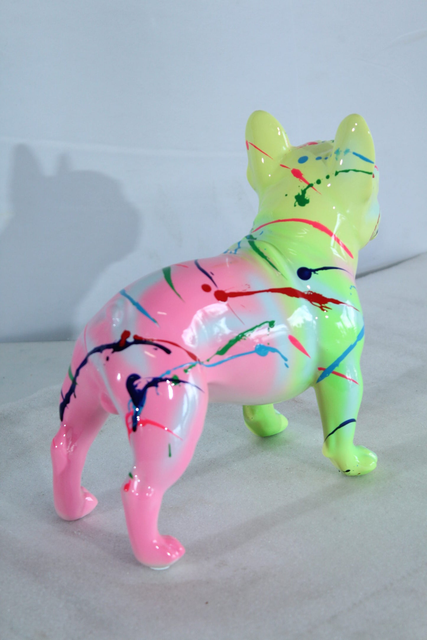 Nifao Resin Bulldog Statue –Colorful Indoor/Outdoor Dog Sculpture with Abstract Neon Paint Splatter Design, Glossy Hand-Finished Modern Figurine for Homes, Offices, Art Displays 15" x 7" x 14"H