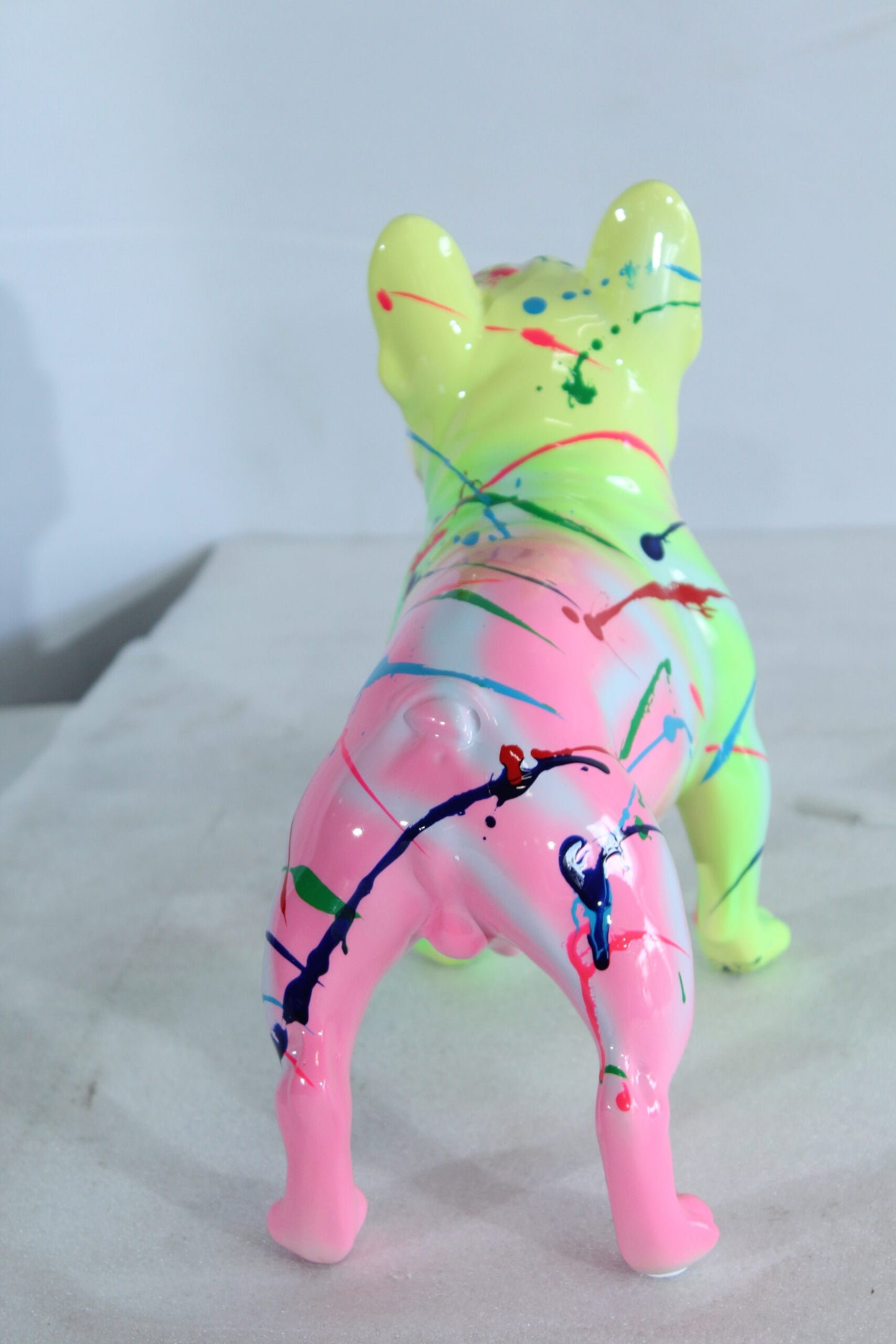 Nifao Resin Bulldog Statue –Colorful Indoor/Outdoor Dog Sculpture with Abstract Neon Paint Splatter Design, Glossy Hand-Finished Modern Figurine for Homes, Offices, Art Displays 15" x 7" x 14"H