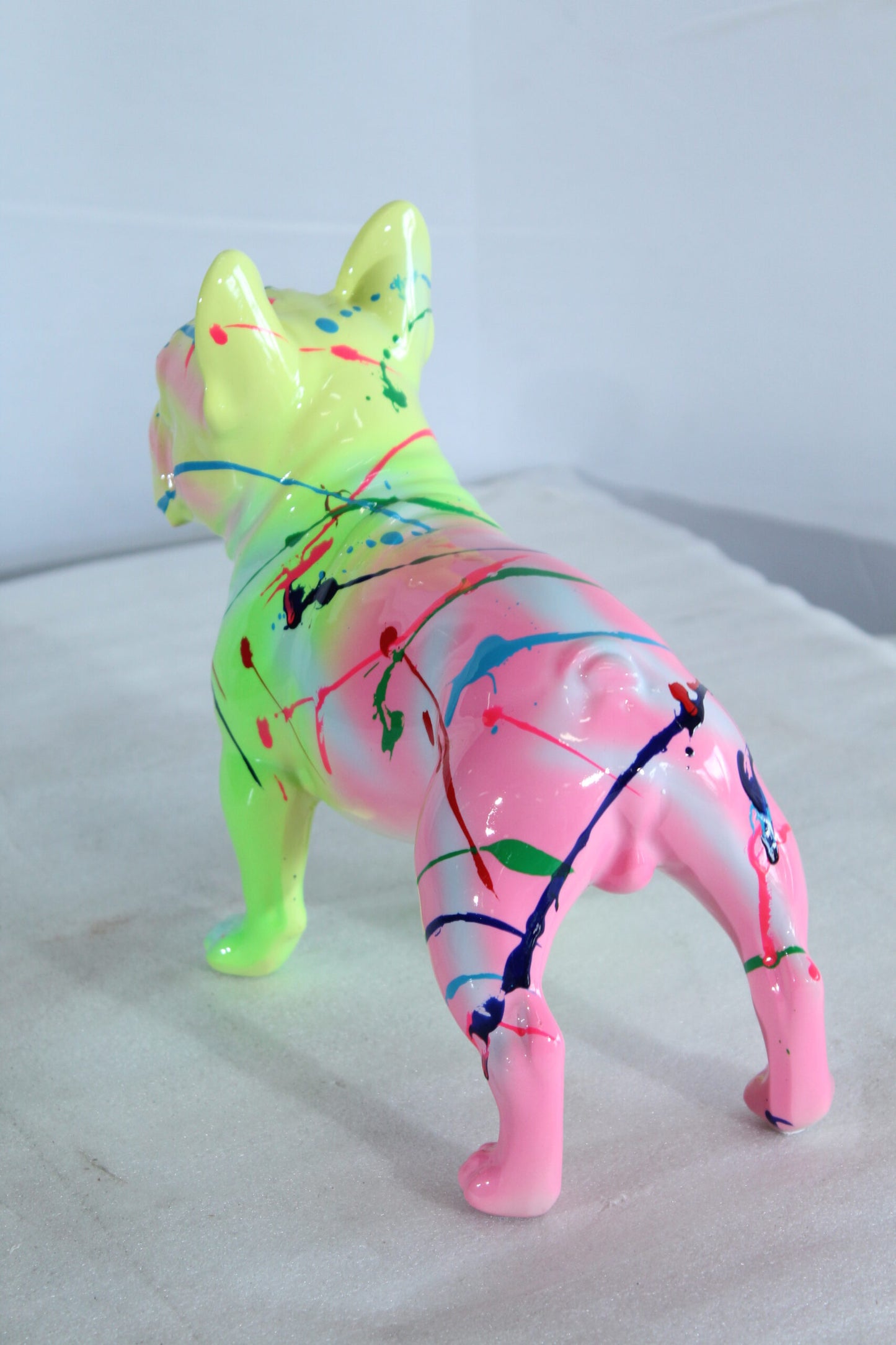 Nifao Resin Bulldog Statue –Colorful Indoor/Outdoor Dog Sculpture with Abstract Neon Paint Splatter Design, Glossy Hand-Finished Modern Figurine for Homes, Offices, Art Displays 15" x 7" x 14"H