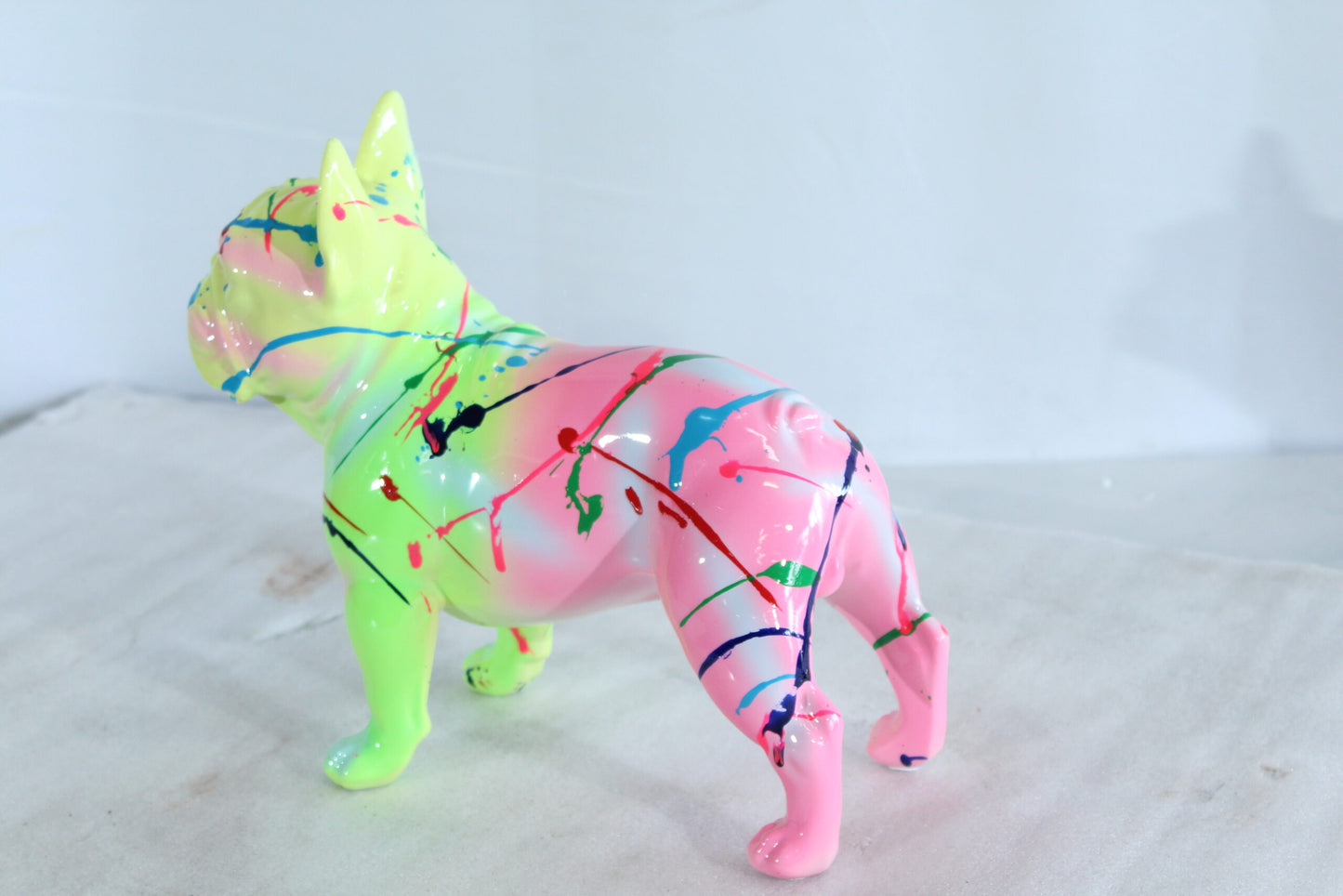 Nifao Resin Bulldog Statue –Colorful Indoor/Outdoor Dog Sculpture with Abstract Neon Paint Splatter Design, Glossy Hand-Finished Modern Figurine for Homes, Offices, Art Displays 15" x 7" x 14"H
