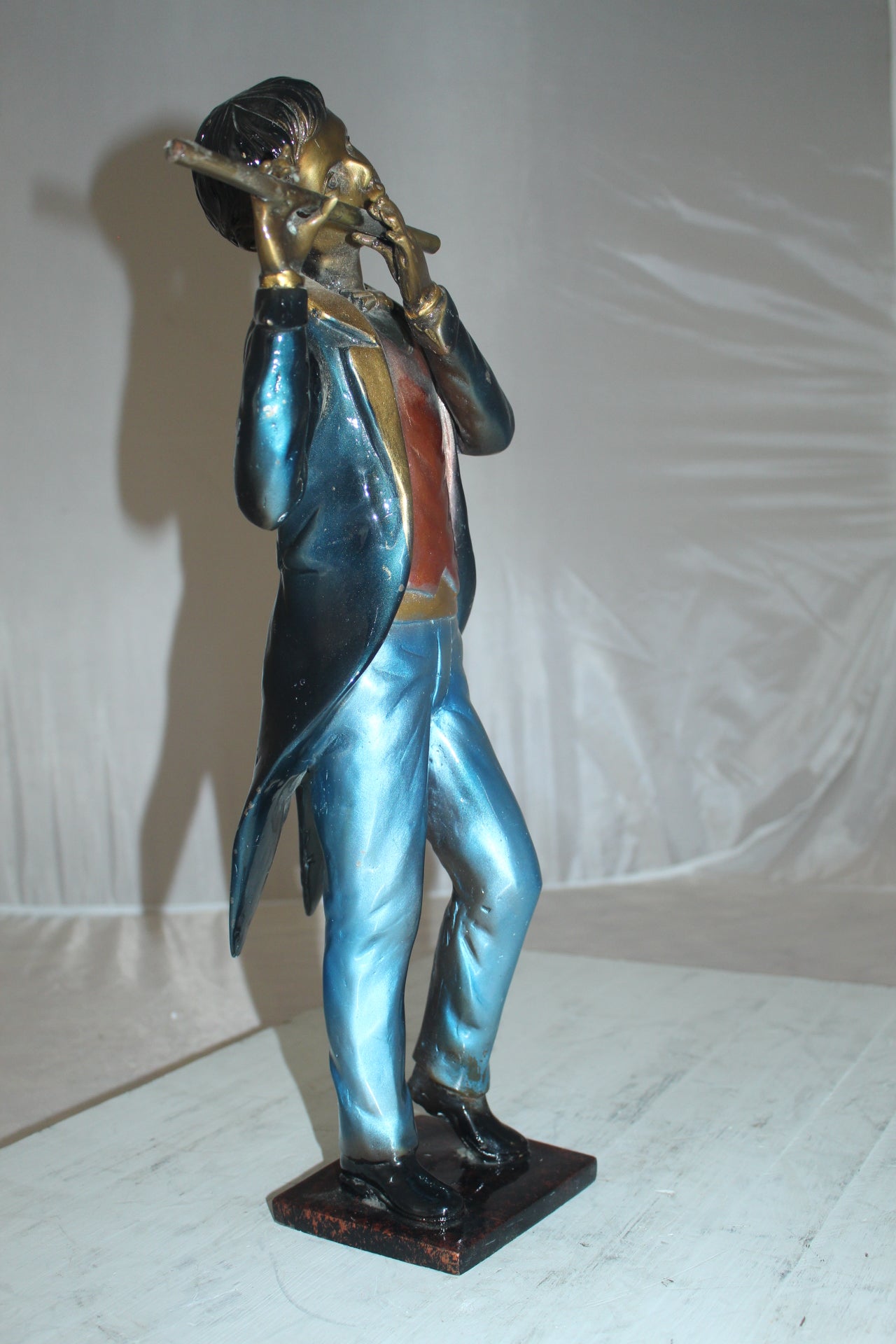 Boy Playing the Flute Bronze Statue - Size: 5"L x 10"W x 19"H.
