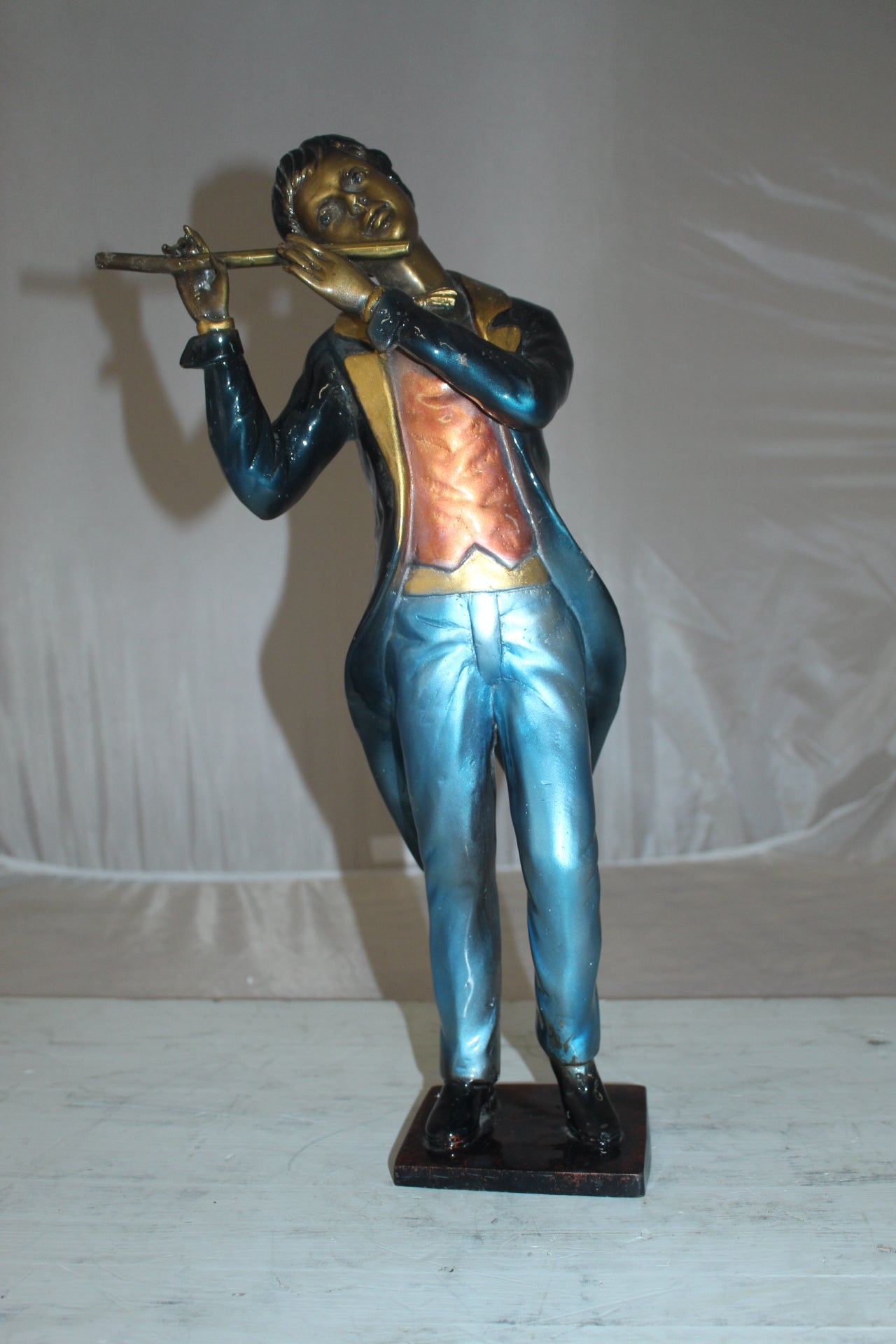 Boy Playing the Flute Bronze Statue - Size: 5"L x 10"W x 19"H.