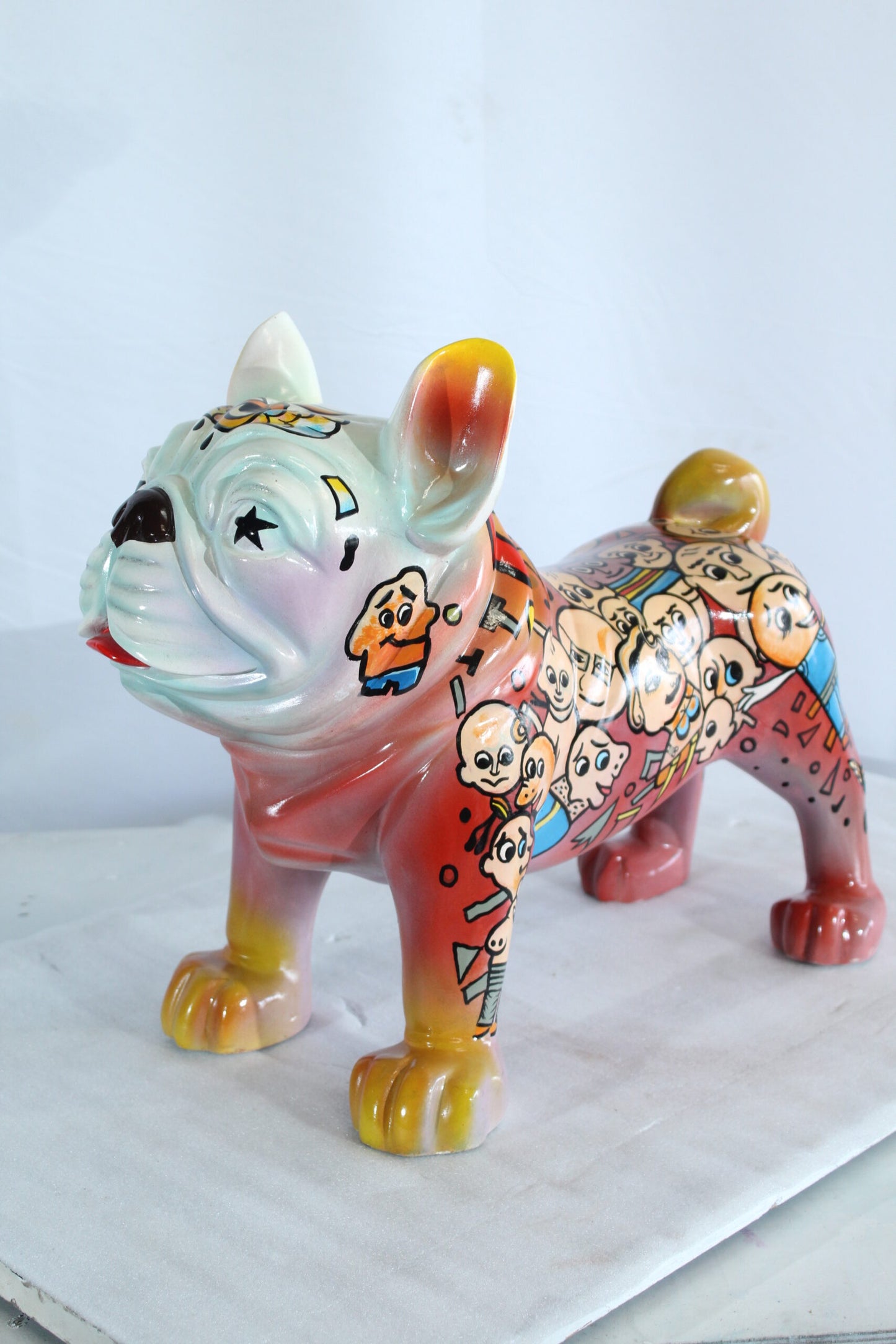 Nifao Resin Bulldog Statue – Large Hand-Painted Pop Art Graffiti Dog Figurine with Cartoon Faces & Abstract Shapes, Colorful Home Decor Accent, Durable High-Gloss Resin Sculpture, 18"x9"x17"