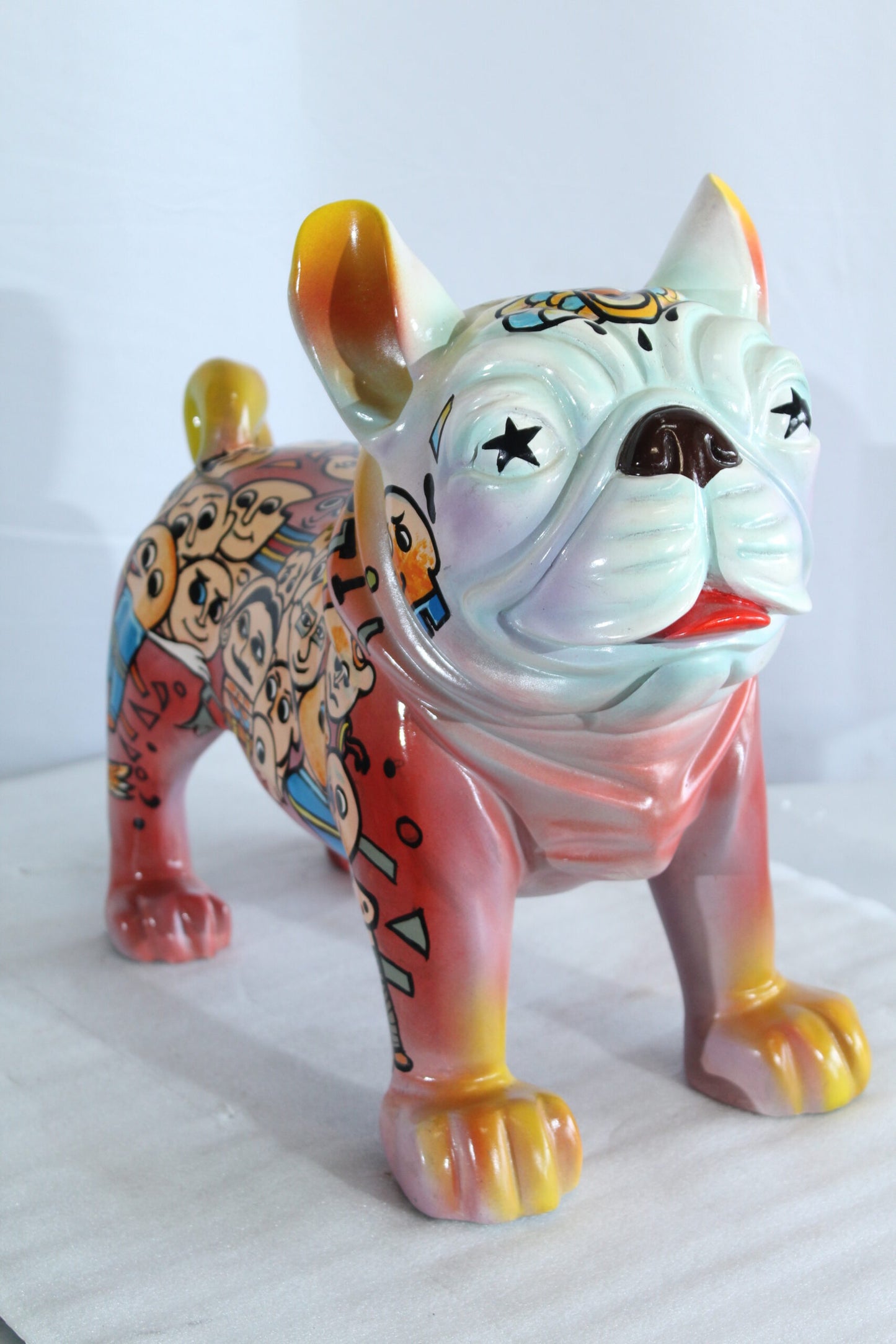 Nifao Resin Bulldog Statue – Large Hand-Painted Pop Art Graffiti Dog Figurine with Cartoon Faces & Abstract Shapes, Colorful Home Decor Accent, Durable High-Gloss Resin Sculpture, 18"x9"x17"