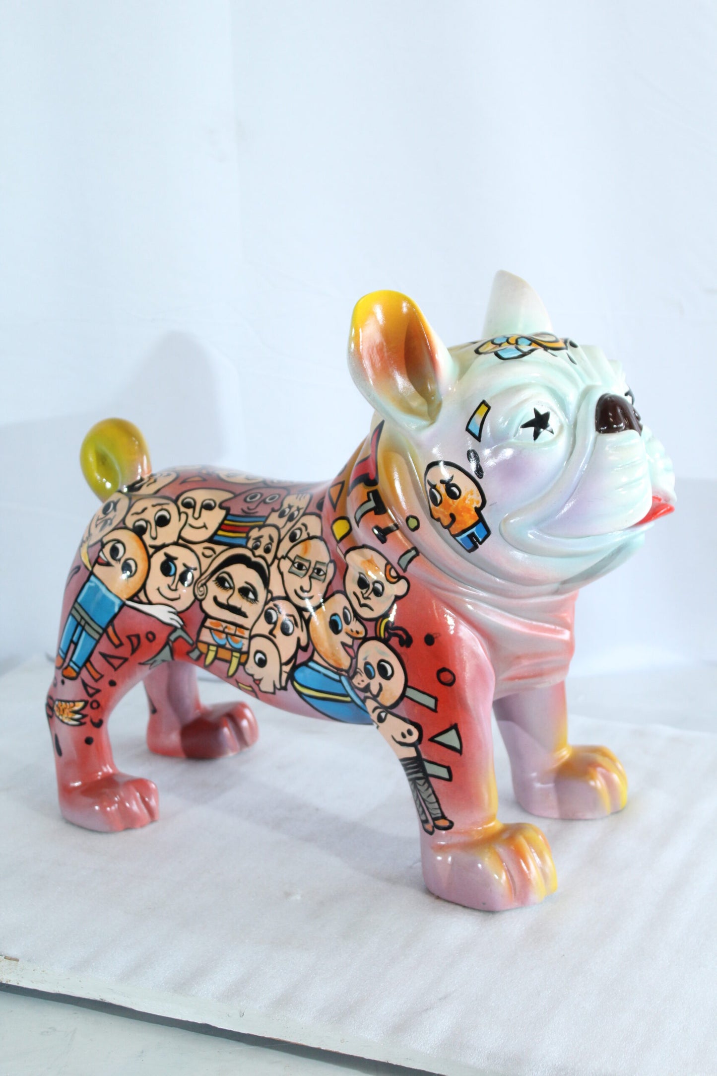 Nifao Resin Bulldog Statue – Large Hand-Painted Pop Art Graffiti Dog Figurine with Cartoon Faces & Abstract Shapes, Colorful Home Decor Accent, Durable High-Gloss Resin Sculpture, 18"x9"x17"