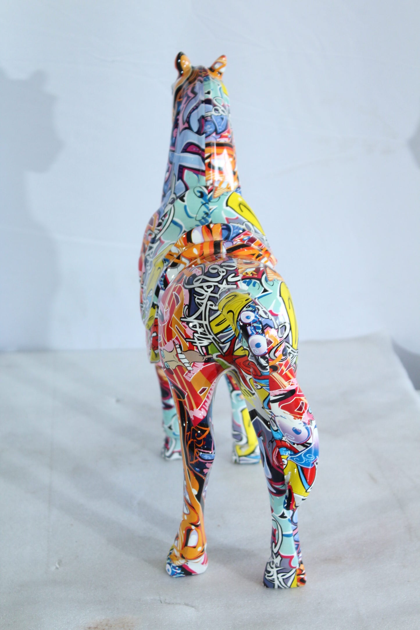 Colorful Resin Horse Statue with Saddle Graffiti Finish 14" x 5" x 15"H