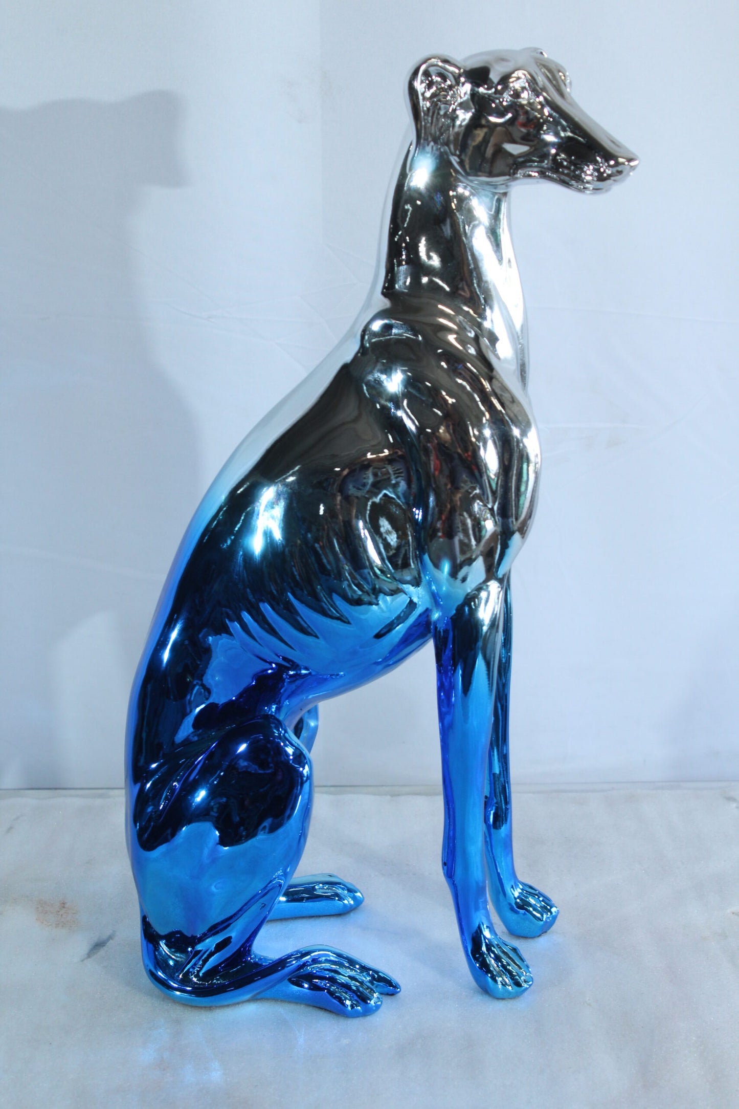Nifao Resin Greyhound Sculpture – Contemporary Chrome Blue Dog Figurine with Sleek Reflective Finish, Modern Home & Office Decor Accent, Lightweight Resin Art Statue 10" x 5" x 22"H