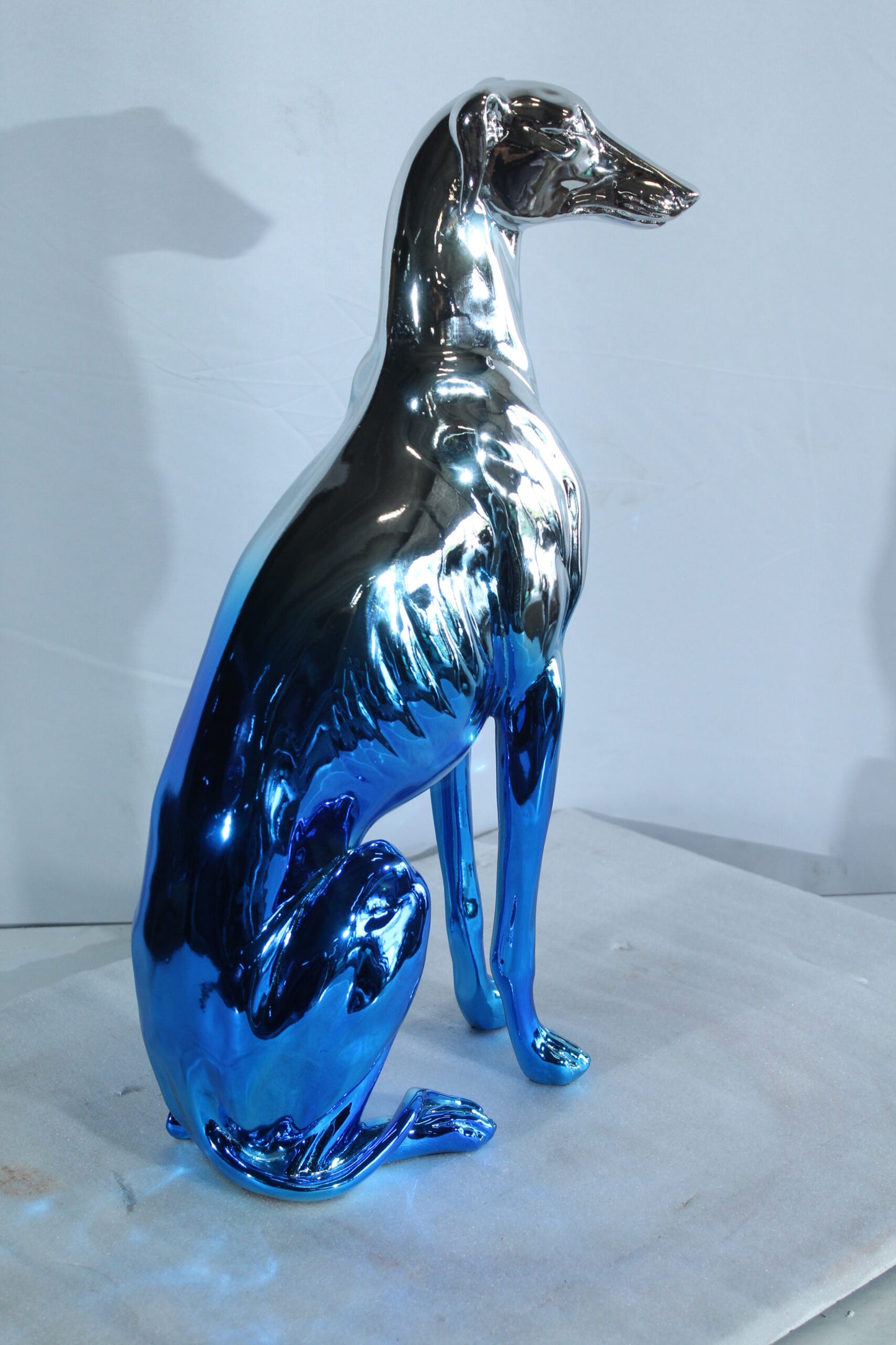 Modern Resin Greyhound Dog in Chrome Blue Finish 10" x 5" x 22"H