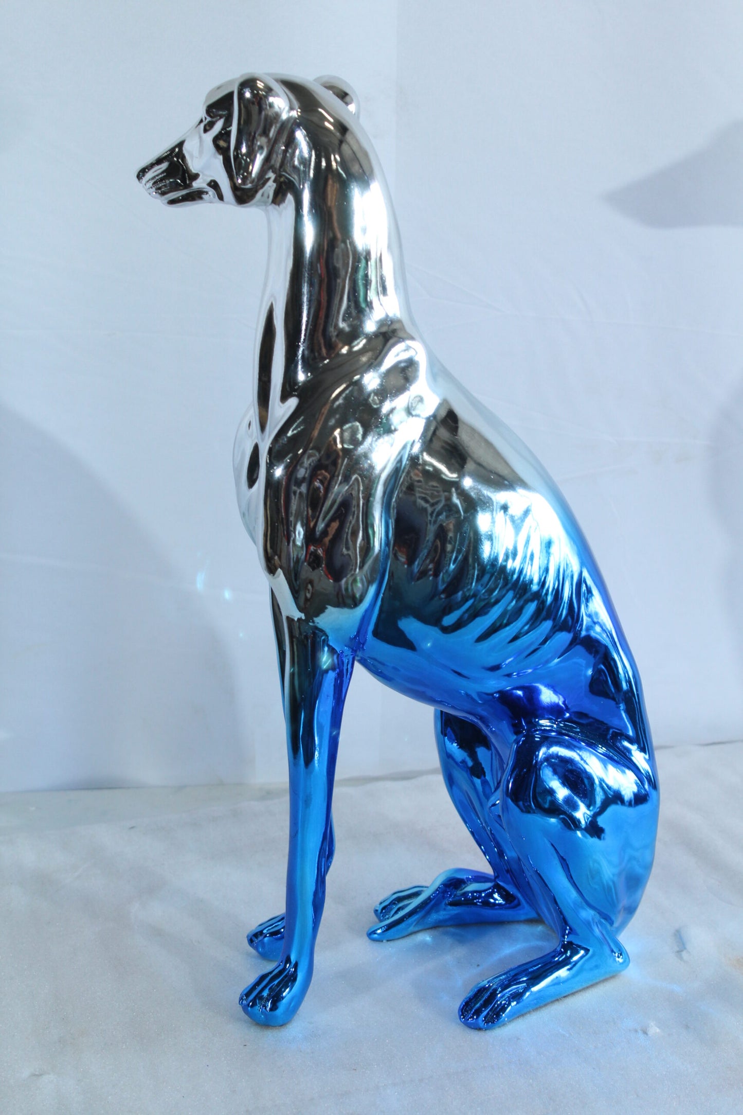 Nifao Resin Greyhound Sculpture – Contemporary Chrome Blue Dog Figurine with Sleek Reflective Finish, Modern Home & Office Decor Accent, Lightweight Resin Art Statue 10" x 5" x 22"H