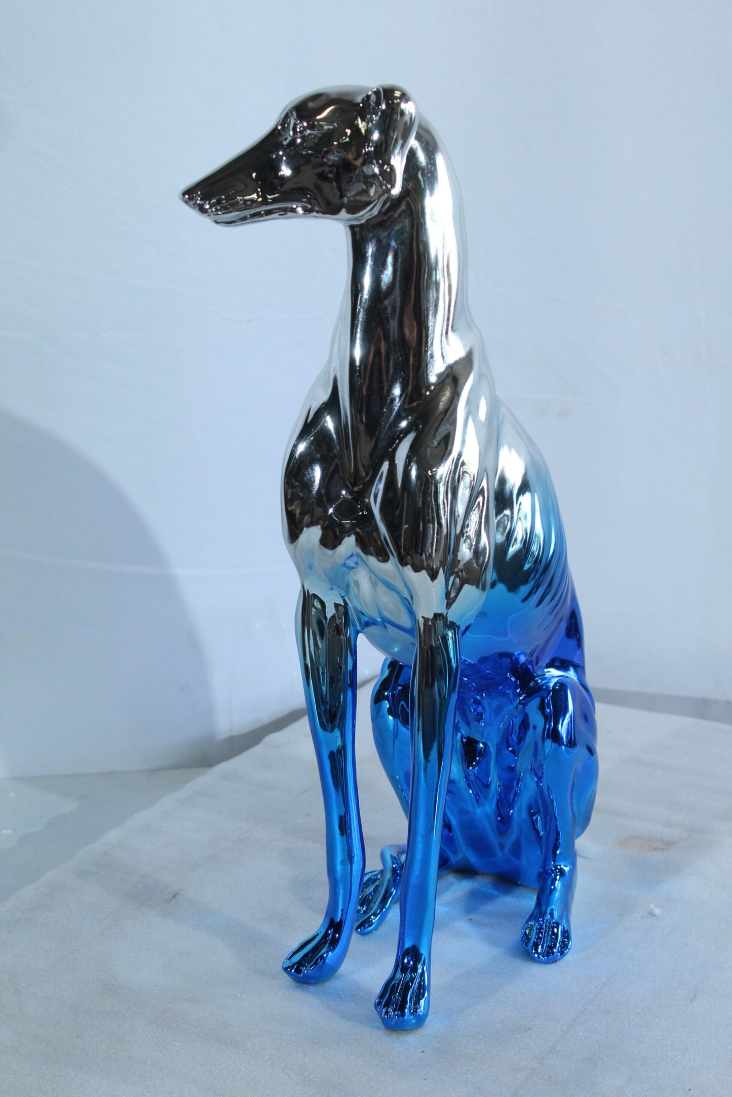 Nifao Resin Greyhound Sculpture – Contemporary Chrome Blue Dog Figurine with Sleek Reflective Finish, Modern Home & Office Decor Accent, Lightweight Resin Art Statue 10" x 5" x 22"H