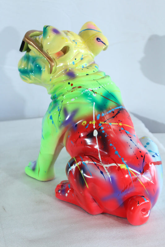 Nifao Colorful Resin Bulldog Statue with Sunglasses – Hand-Painted Multicolored Paint-Splatter Dog, Modern Pop Art Sculpture for Home, Office, Durable Resin Decor Accent 17" x 9" x 13"H