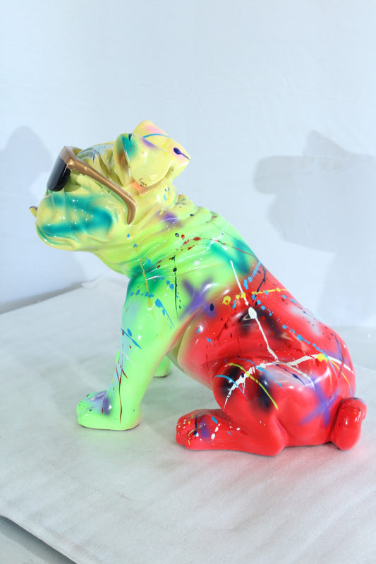 Nifao Colorful Resin Bulldog Statue with Sunglasses – Hand-Painted Multicolored Paint-Splatter Dog, Modern Pop Art Sculpture for Home, Office, Durable Resin Decor Accent 17" x 9" x 13"H
