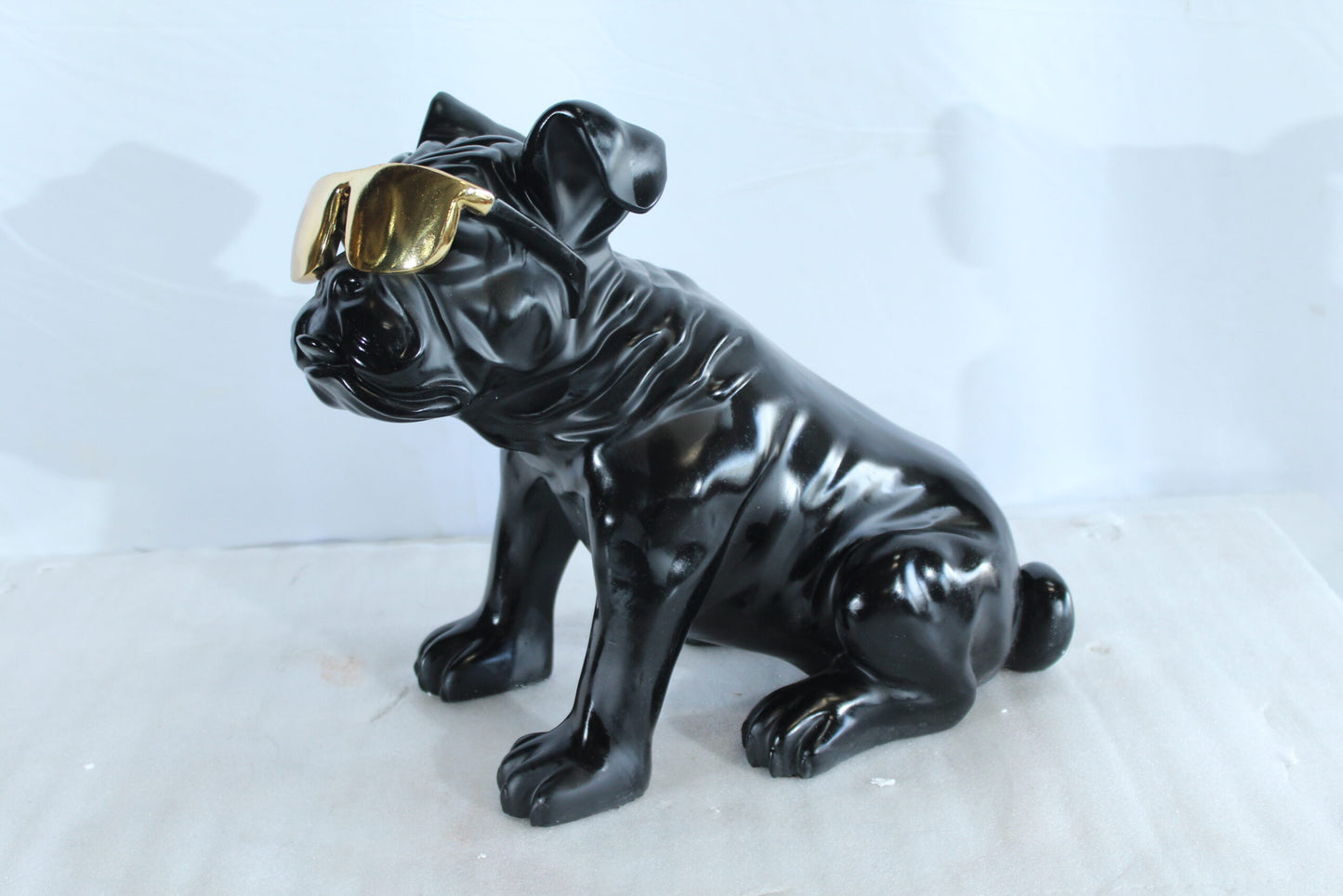 Nifao Black Resin Bulldog Statue with Gold Sunglasses – Glossy Modern Dog Figurine, Durable Resin Pop Art Sculpture for Home & Office Decor, Unique Gift17 x 9" x 13"H