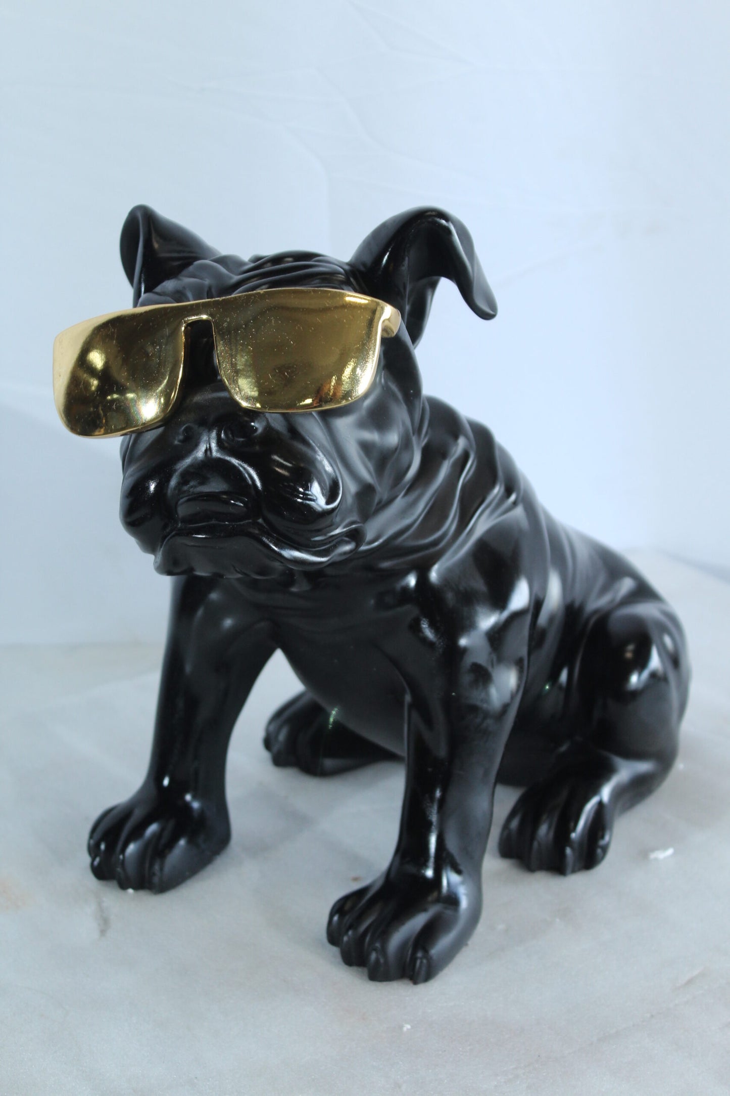 Nifao Black Resin Bulldog Statue with Gold Sunglasses – Glossy Modern Dog Figurine, Durable Resin Pop Art Sculpture for Home & Office Decor, Unique Gift17 x 9" x 13"H